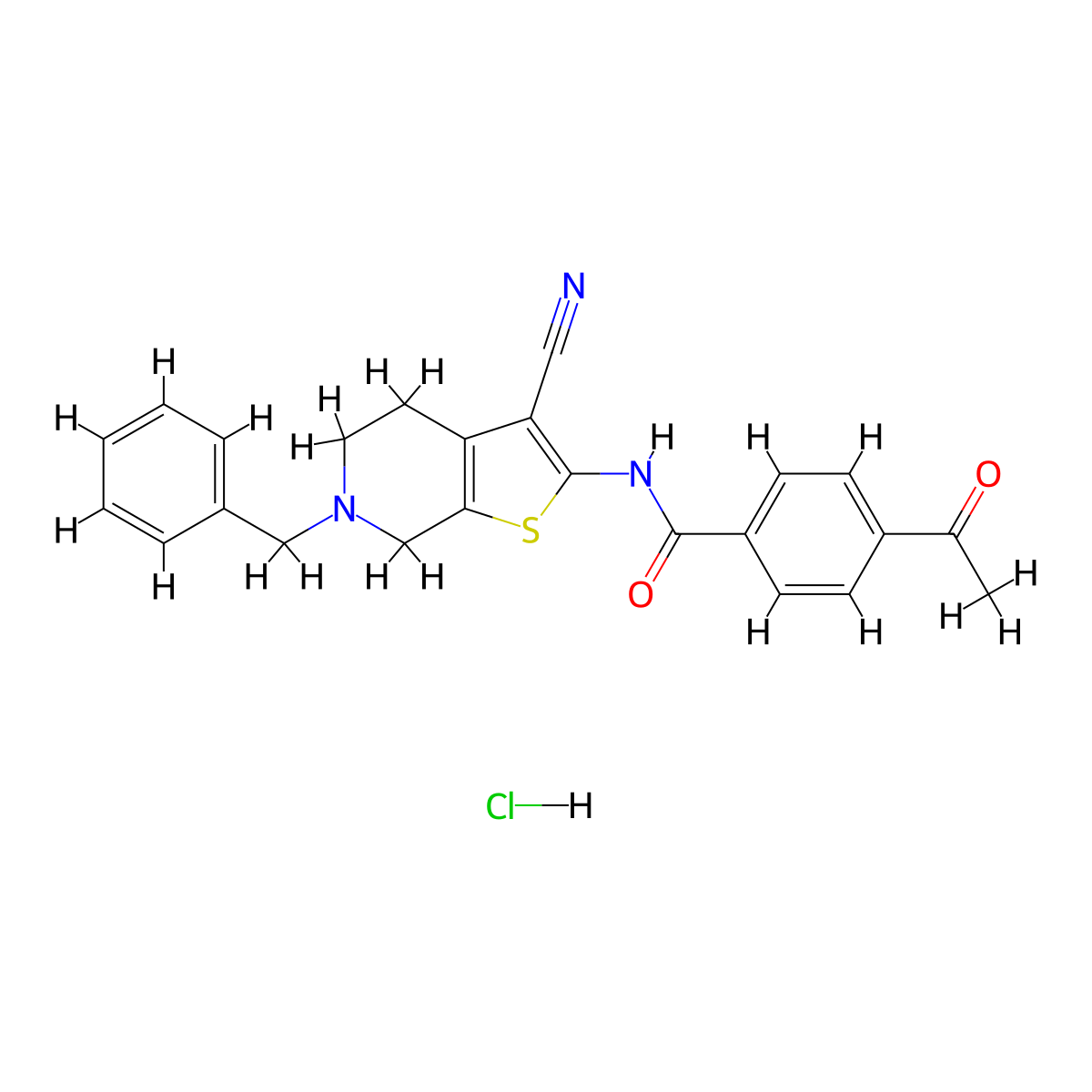 4-acetyl-N-(6-benzyl-3-cyano-4,5,6,7-tetrahydrothieno[2,3-c]pyridin-2-yl)benzamide hydrochloride molecular structure, CAS 1216972-53-0