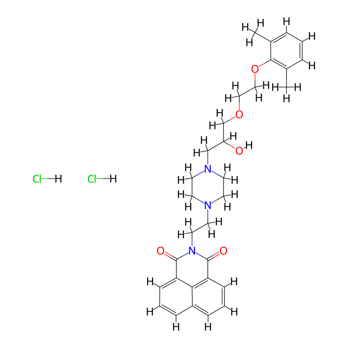 3-[2-(4-{3-[2-(2,6-Dimethylphenoxy)ethoxy]-2-hydroxypropyl}piperazin-1-yl)ethyl]-3-azatricyclo[7.3.1.0^{5,13}]trideca-1(12),5,7,9(13),10-pentaene-2,4-dione dihydrochloride molecular structure, CAS 1216981-63-3