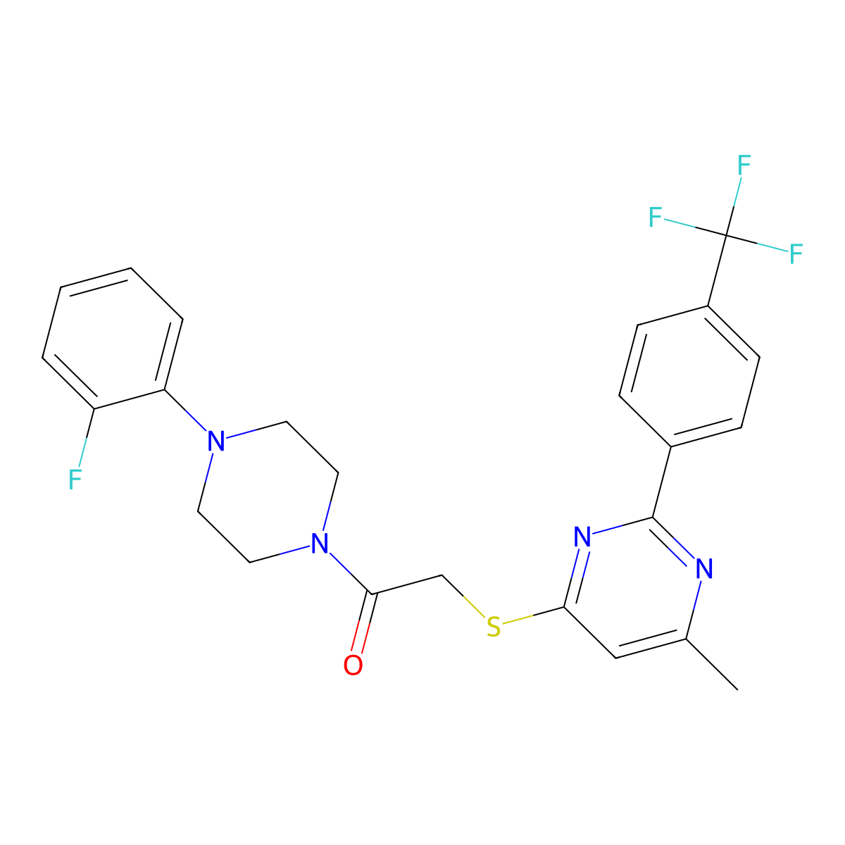 1-(4-(2-Fluorophenyl)piperazin-1-yl)-2-((6-methyl-2-(4-(trifluoromethyl)phenyl)pyrimidin-4-yl)thio)ethanone molecular structure, CAS 1216985-25-9