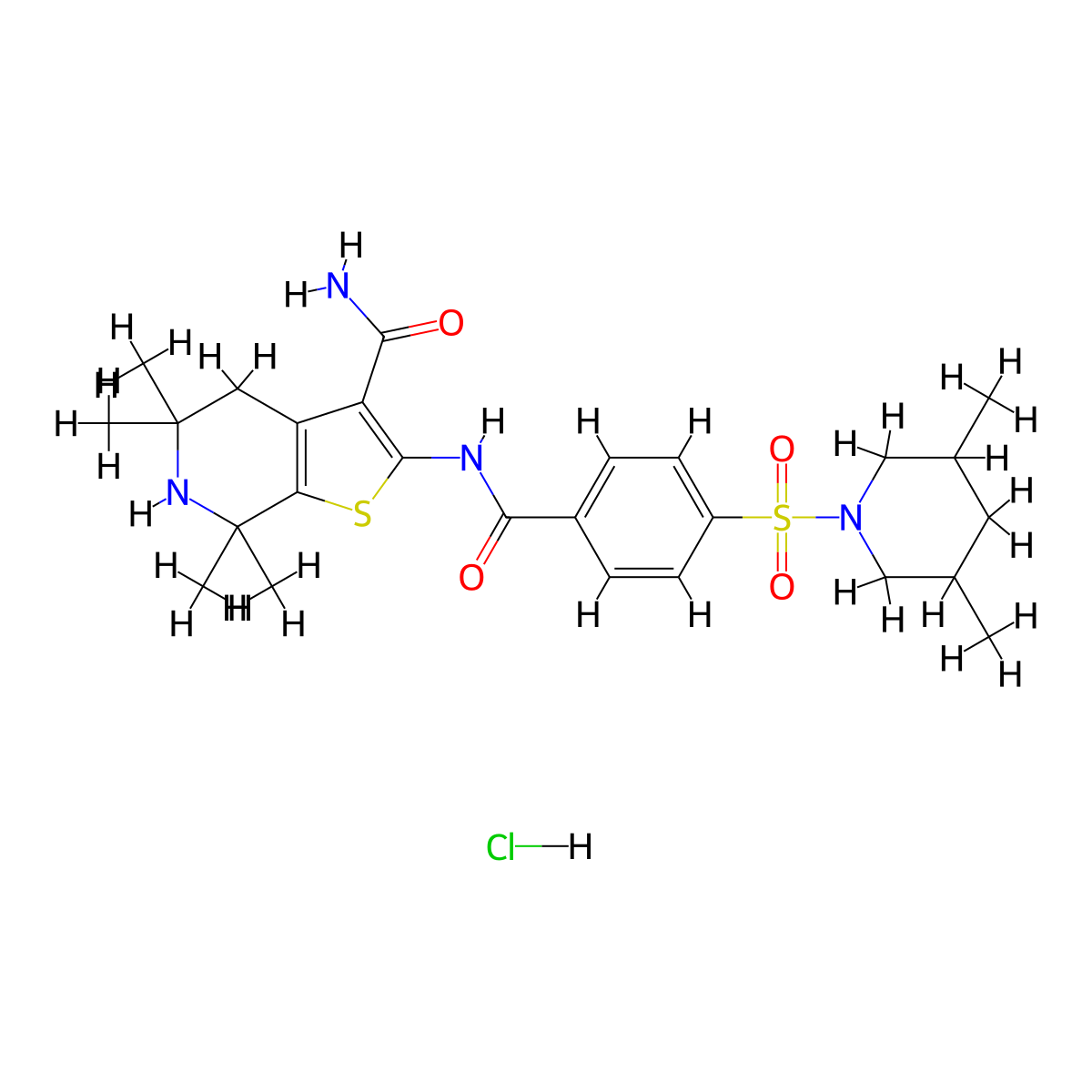 2-(4-((3,5-Dimethylpiperidin-1-yl)sulfonyl)benzamido)-5,5,7,7-tetramethyl-4,5,6,7-tetrahydrothieno[2,3-c]pyridine-3-carboxamide hydrochloride molecular structure, CAS 1216987-57-3