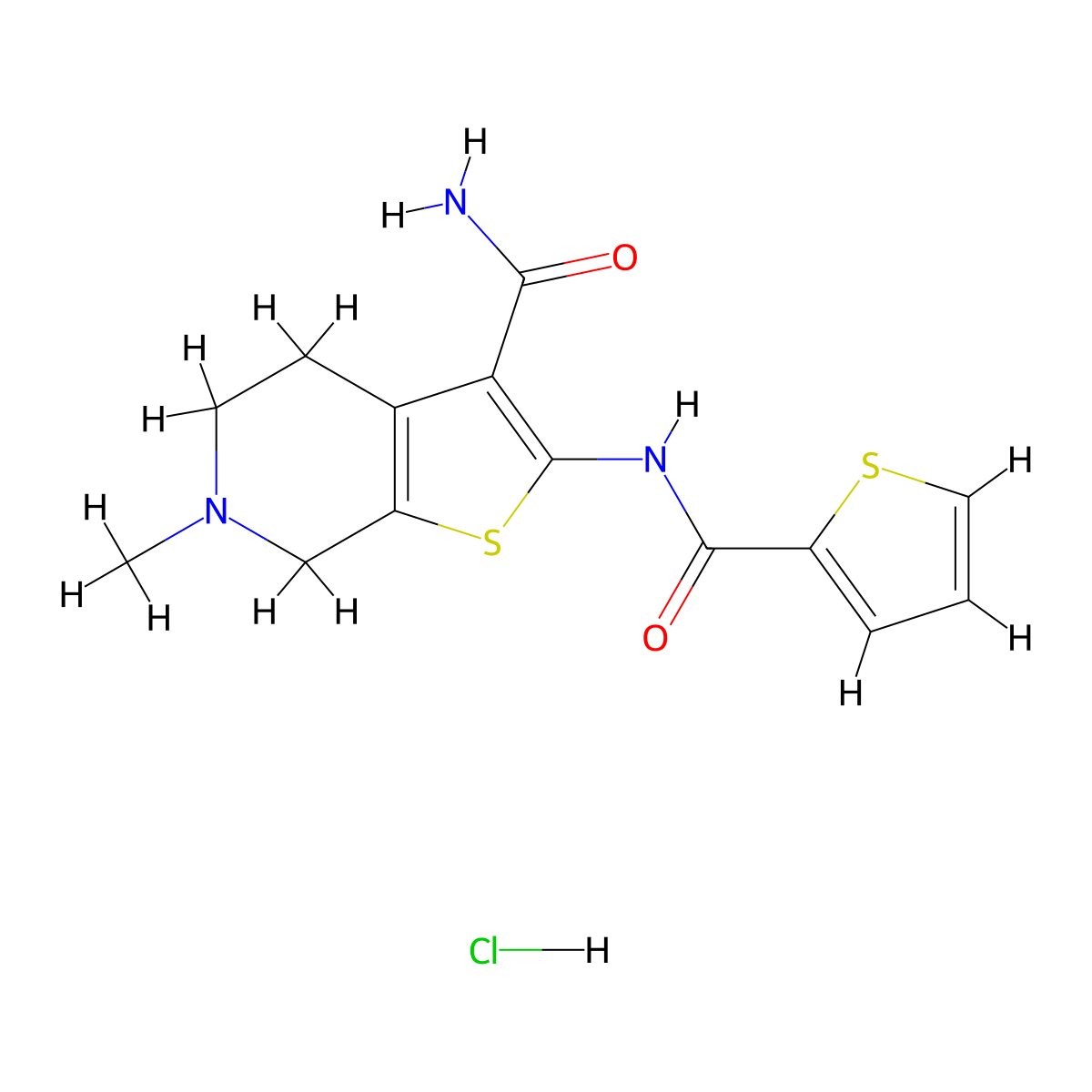 6-Methyl-2-(thiophene-2-carboxamido)-4,5,6,7-tetrahydrothieno[2,3-c]pyridine-3-carboxamide hydrochloride molecular structure, CAS 1216987-60-8