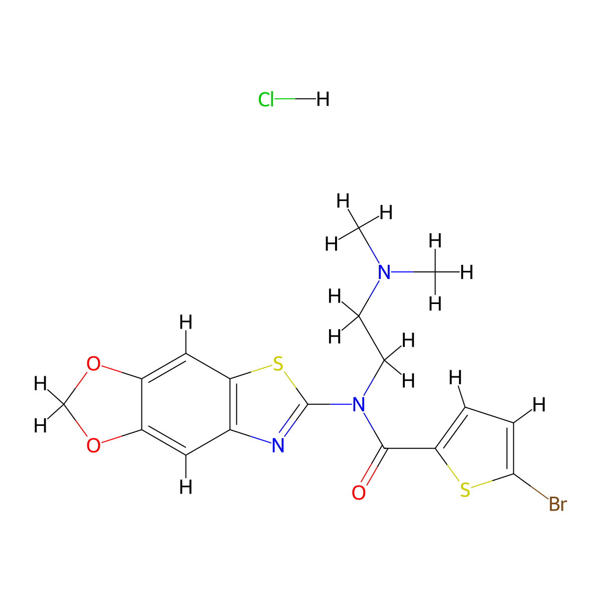 5-bromo-N-[2-(dimethylamino)ethyl]-N-{4,6-dioxa-10-thia-12-azatricyclo[7.3.0.0^{3,7}]dodeca-1(9),2,7,11-tetraen-11-yl}thiophene-2-carboxamide hydrochloride molecular structure, CAS 1216988-42-9