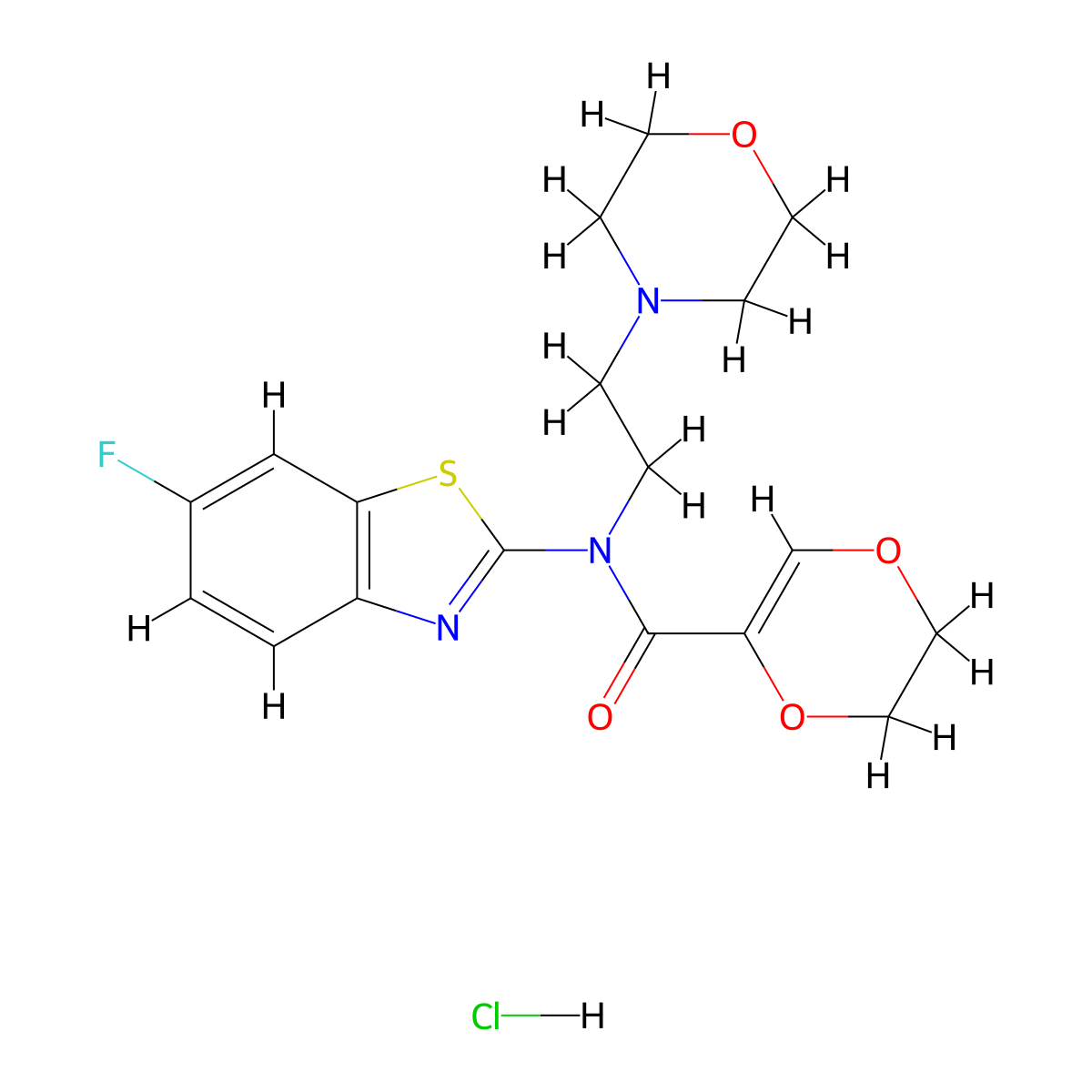 N-(6-fluorobenzo[d]thiazol-2-yl)-N-(2-morpholinoethyl)-5,6-dihydro-1,4-dioxine-2-carboxamide hydrochloride molecular structure, CAS 1216996-53-0