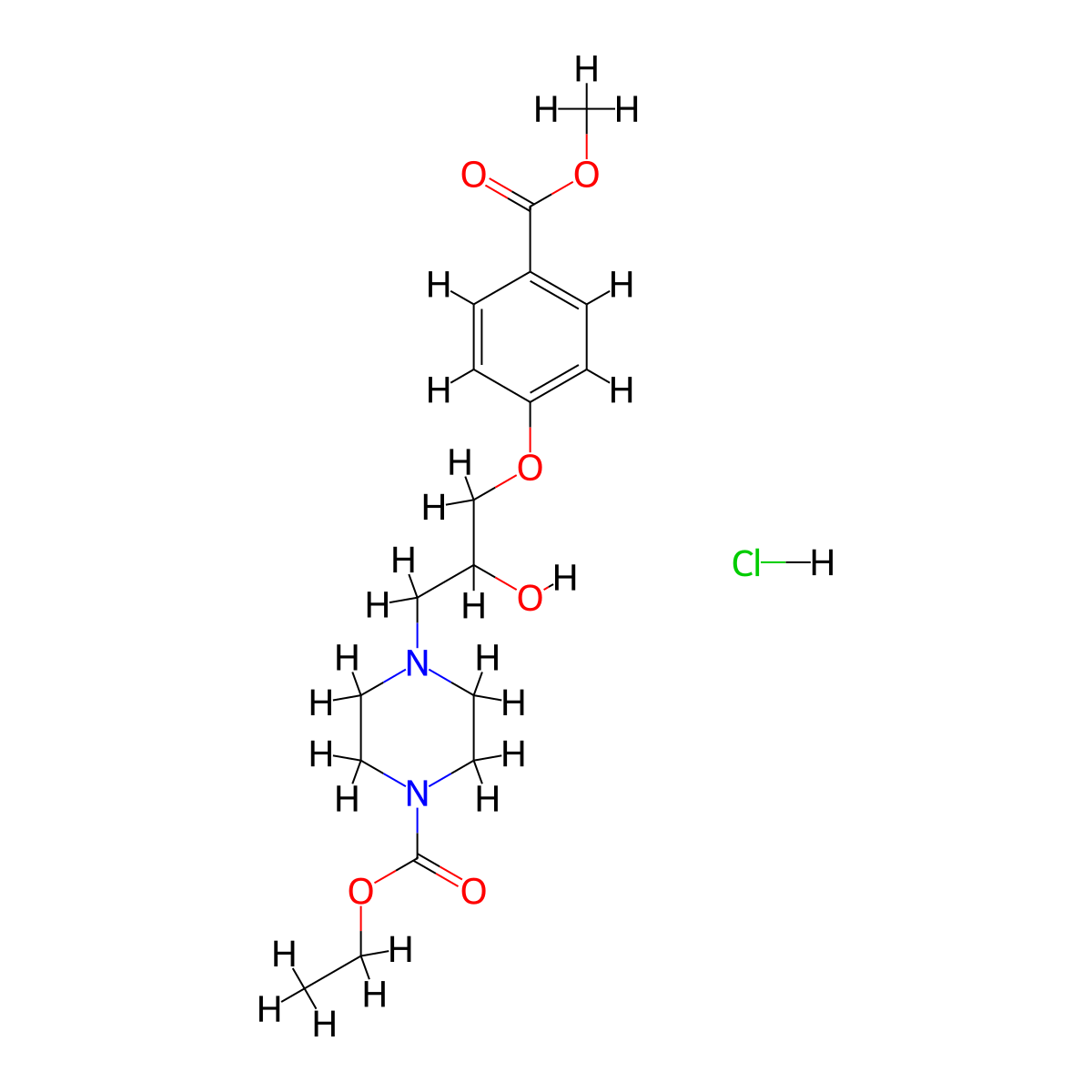 Ethyl 4-(2-hydroxy-3-(4-(methoxycarbonyl)phenoxy)propyl)piperazine-1-carboxylate hydrochloride molecular structure, CAS 1216997-81-7