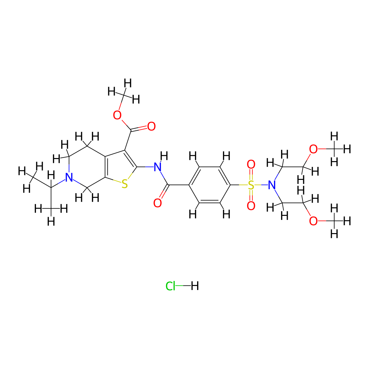 methyl 2-(4-(N,N-bis(2-methoxyethyl)sulfamoyl)benzamido)-6-isopropyl-4,5,6,7-tetrahydrothieno[2,3-c]pyridine-3-carboxylate hydrochloride molecular structure, CAS 1217006-49-9