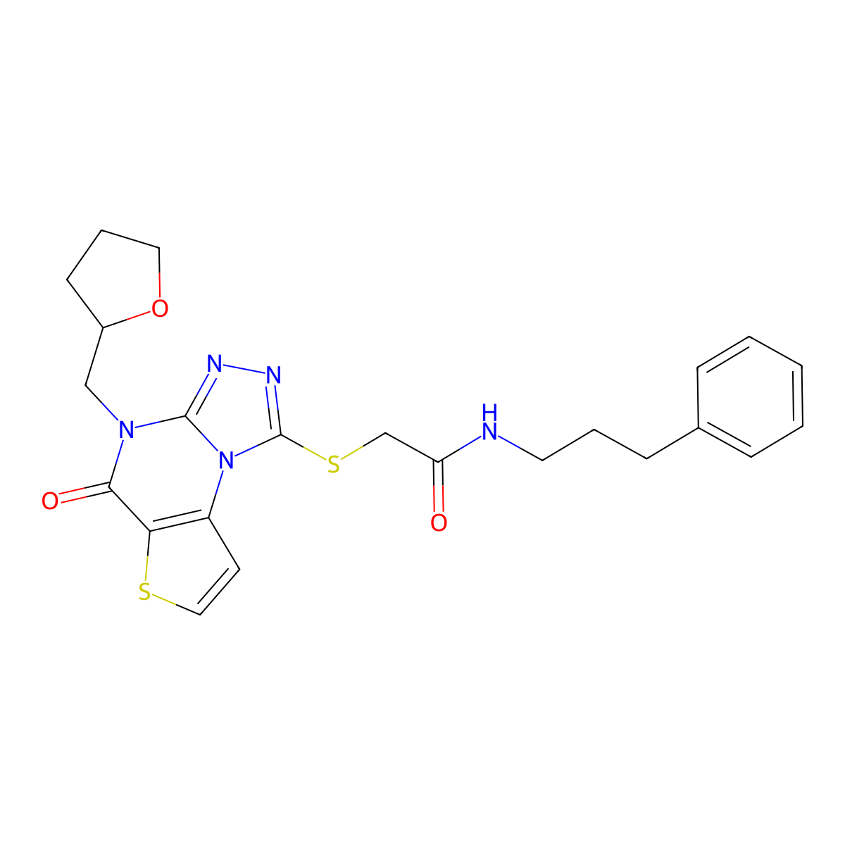 2-((5-oxo-4-((tetrahydrofuran-2-yl)methyl)-4,5-dihydrothieno[2,3-e][1,2,4]triazolo[4,3-a]pyrimidin-1-yl)thio)-N-(3-phenylpropyl)acetamide molecular structure, CAS 1217008-27-9