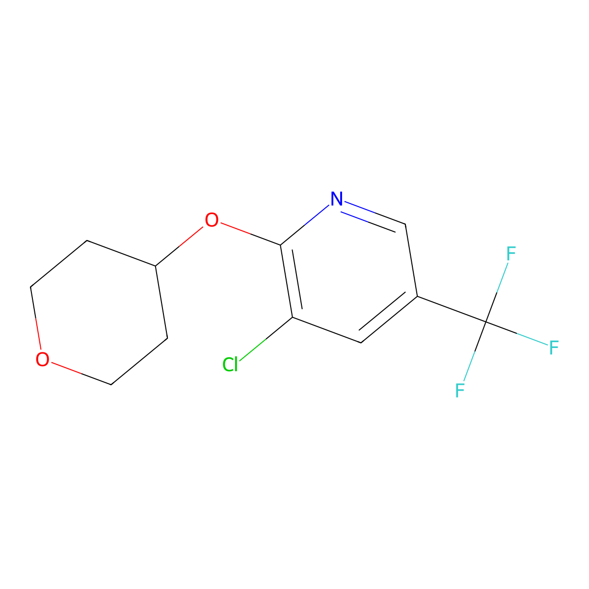 3-chloro-2-(tetrahydro-2H-pyran-4-yloxy)-5-(trifluoromethyl)pyridine molecular structure, CAS 1217013-38-1