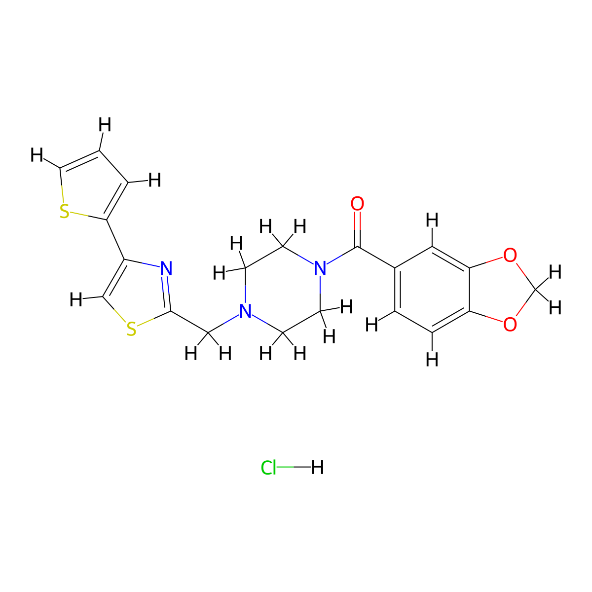 Benzo[d][1,3]dioxol-5-yl(4-((4-(thiophen-2-yl)thiazol-2-yl)methyl)piperazin-1-yl)methanone hydrochloride molecular structure, CAS 1217014-04-4
