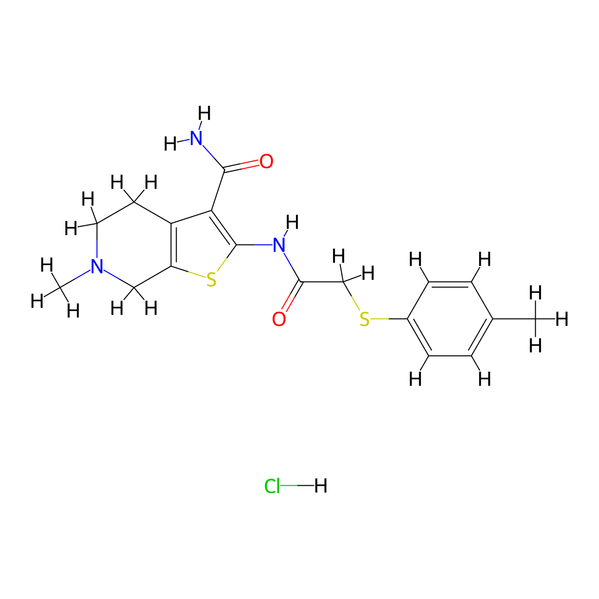 6-Methyl-2-(2-(p-tolylthio)acetamido)-4,5,6,7-tetrahydrothieno[2,3-c]pyridine-3-carboxamide hydrochloride molecular structure, CAS 1217018-18-2