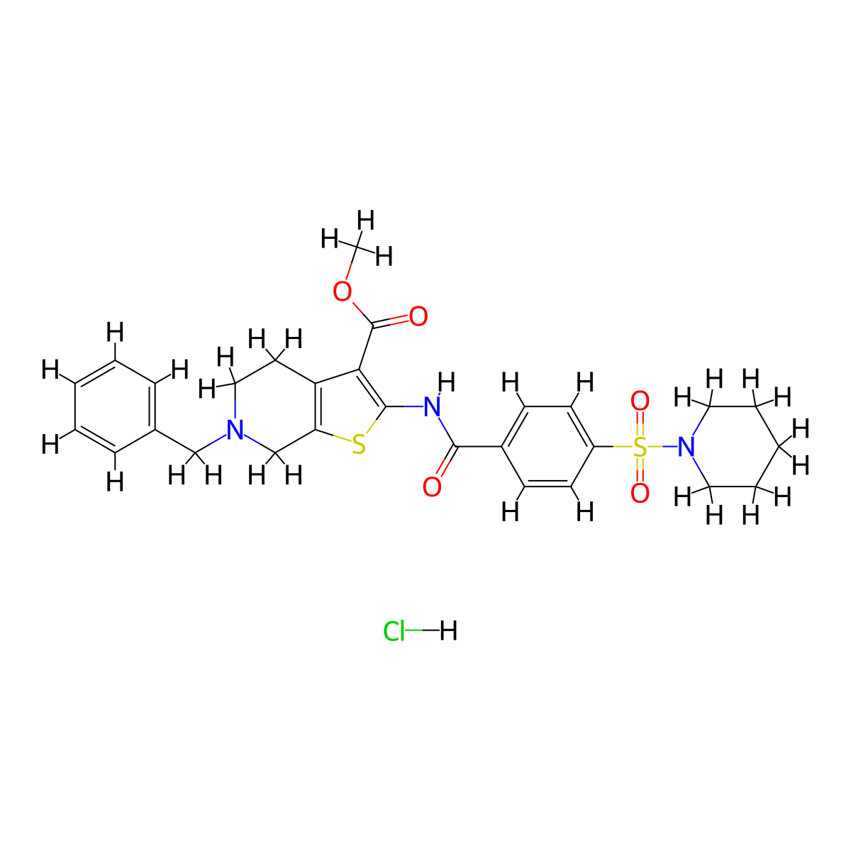 Methyl 6-benzyl-2-(4-(piperidin-1-ylsulfonyl)benzamido)-4,5,6,7-tetrahydrothieno[2,3-c]pyridine-3-carboxylate hydrochloride molecular structure, CAS 1217026-68-0