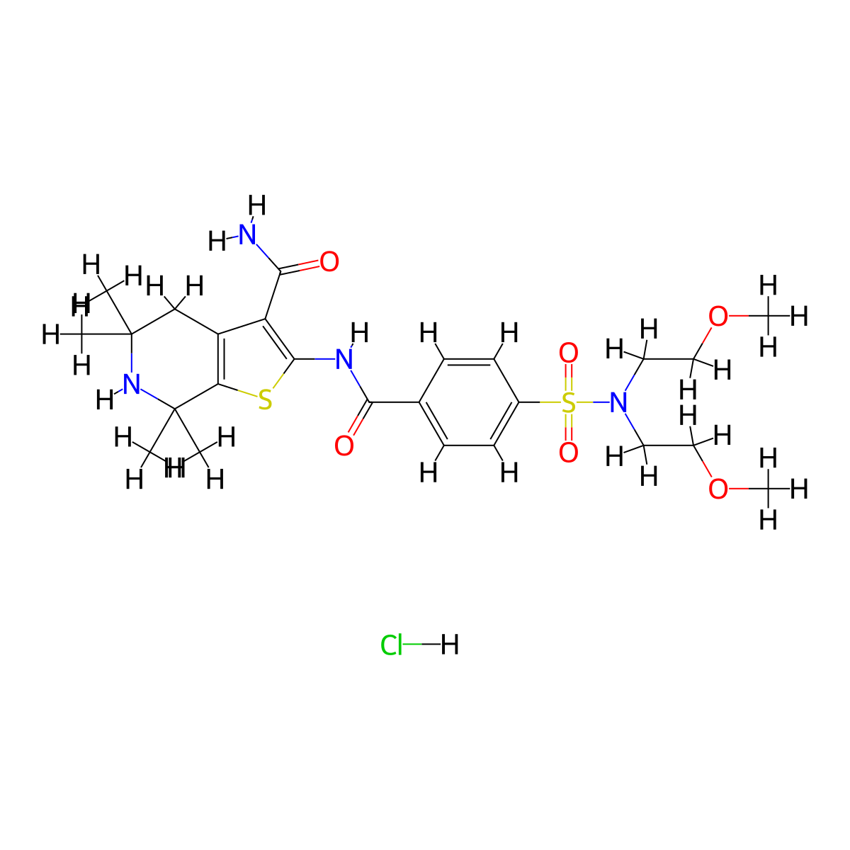 2-(4-(N,N-bis(2-methoxyethyl)sulfamoyl)benzamido)-5,5,7,7-tetramethyl-4,5,6,7-tetrahydrothieno[2,3-c]pyridine-3-carboxamide hydrochloride molecular structure, CAS 1217035-80-7