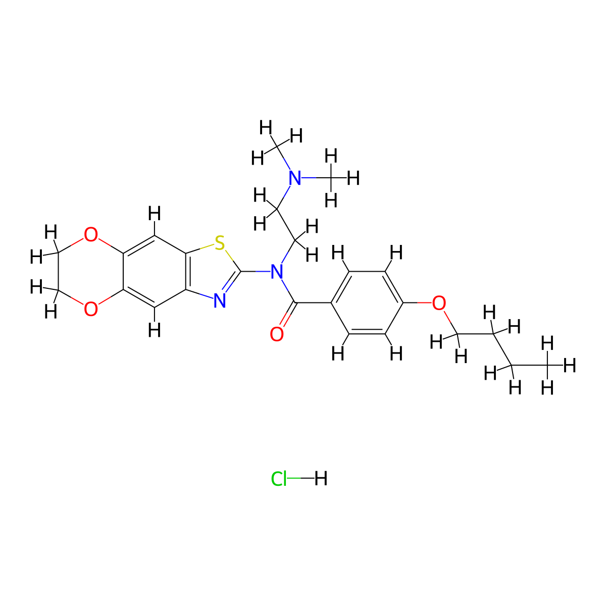 4-butoxy-N-[2-(dimethylamino)ethyl]-N-{10,13-dioxa-4-thia-6-azatricyclo[7.4.0.0^{3,7}]trideca-1,3(7),5,8-tetraen-5-yl}benzamide hydrochloride molecular structure, CAS 1217042-99-3