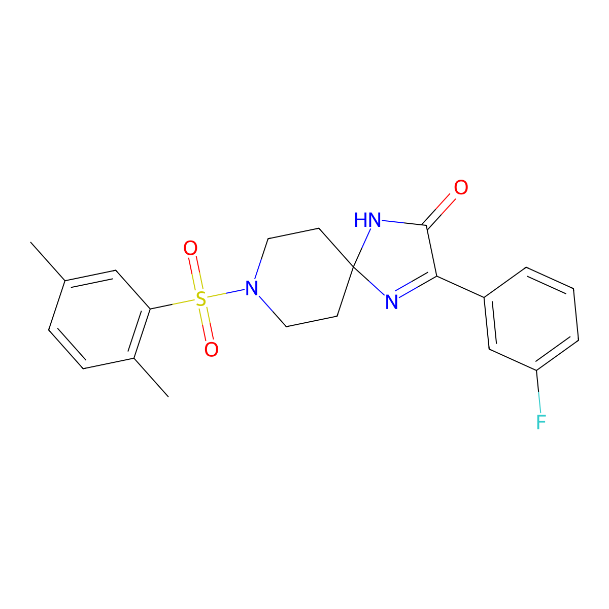 8-((2,5-Dimethylphenyl)sulfonyl)-3-(3-fluorophenyl)-1,4,8-triazaspiro[4.5]dec-3-en-2-one molecular structure, CAS 1217045-44-7
