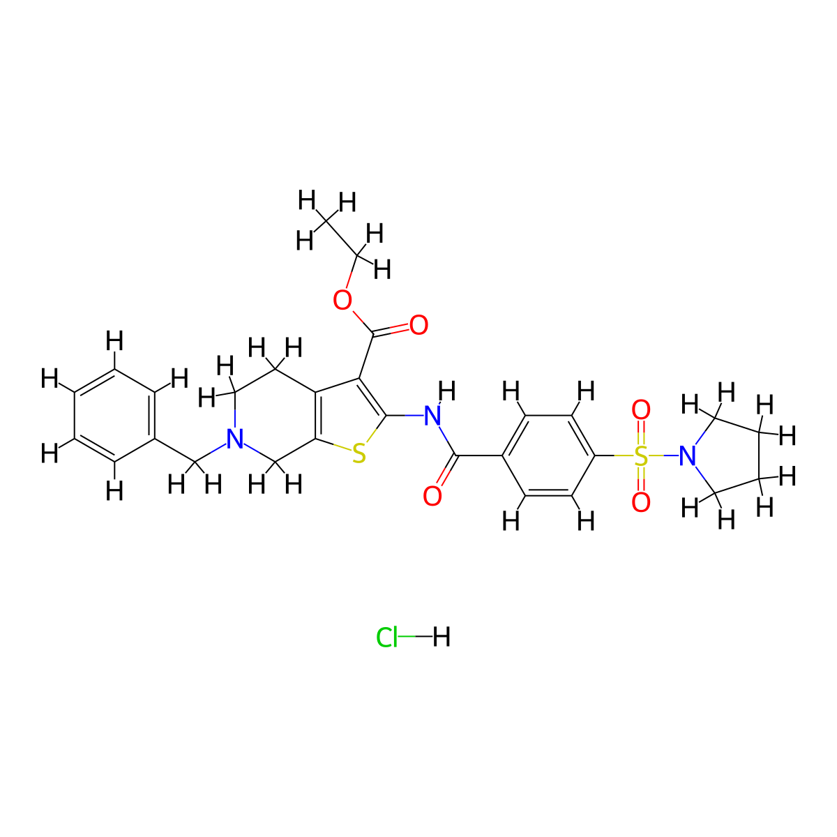 Ethyl 6-benzyl-2-(4-(pyrrolidin-1-ylsulfonyl)benzamido)-4,5,6,7-tetrahydrothieno[2,3-c]pyridine-3-carboxylate hydrochloride molecular structure, CAS 1217055-90-7