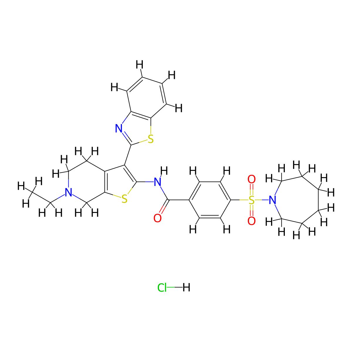 4-(azepan-1-ylsulfonyl)-N-(3-(benzo[d]thiazol-2-yl)-6-ethyl-4,5,6,7-tetrahydrothieno[2,3-c]pyridin-2-yl)benzamide hydrochloride molecular structure, CAS 1217058-33-7