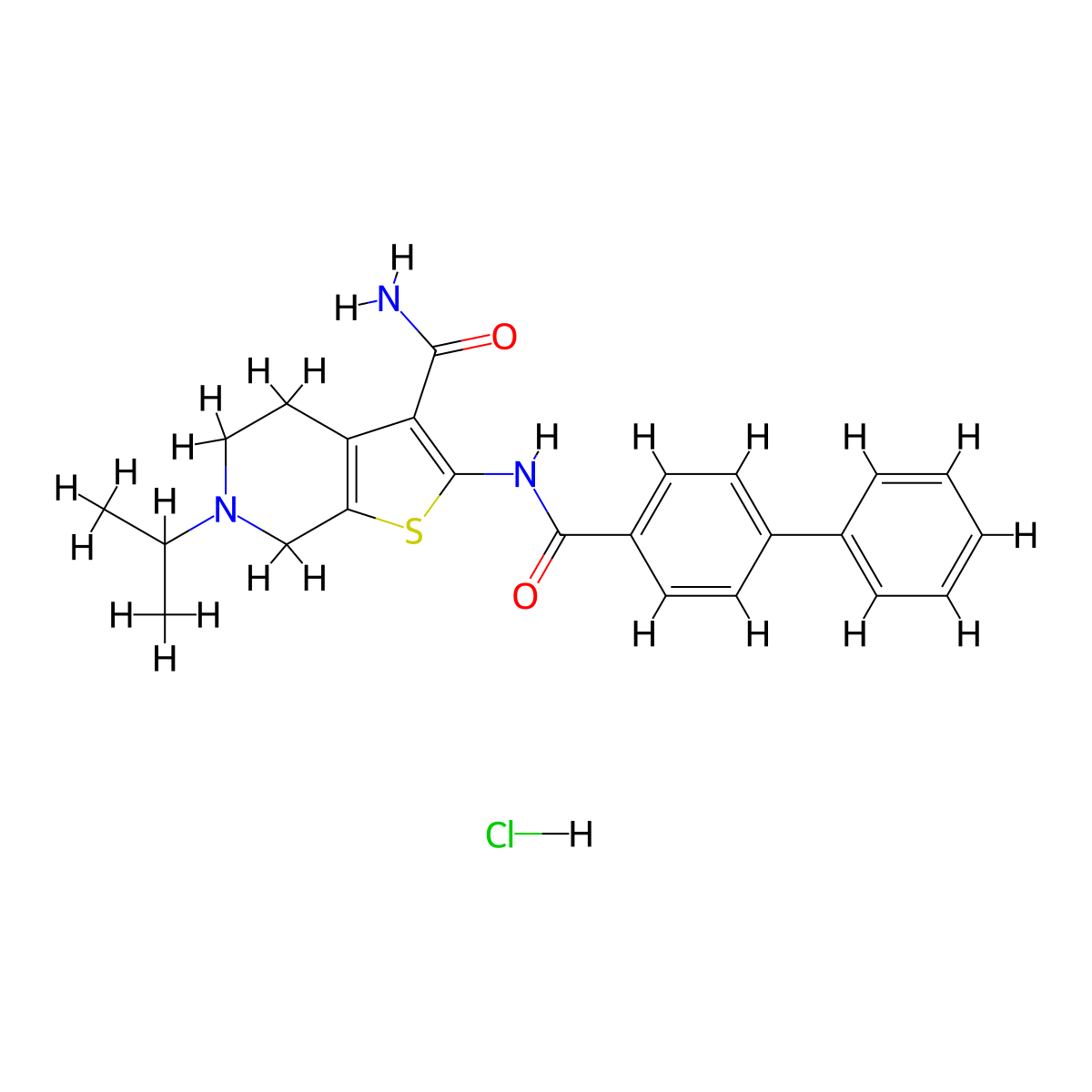 2-([1,1'-Biphenyl]-4-ylcarboxamido)-6-isopropyl-4,5,6,7-tetrahydrothieno[2,3-c]pyridine-3-carboxamide hydrochloride molecular structure, CAS 1217063-19-8