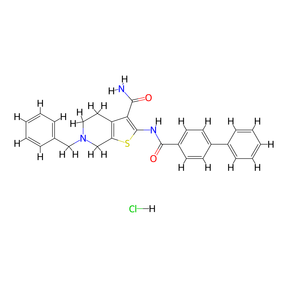 2-([1,1'-Biphenyl]-4-ylcarboxamido)-6-benzyl-4,5,6,7-tetrahydrothieno[2,3-c]pyridine-3-carboxamide hydrochloride molecular structure, CAS 1217064-24-8