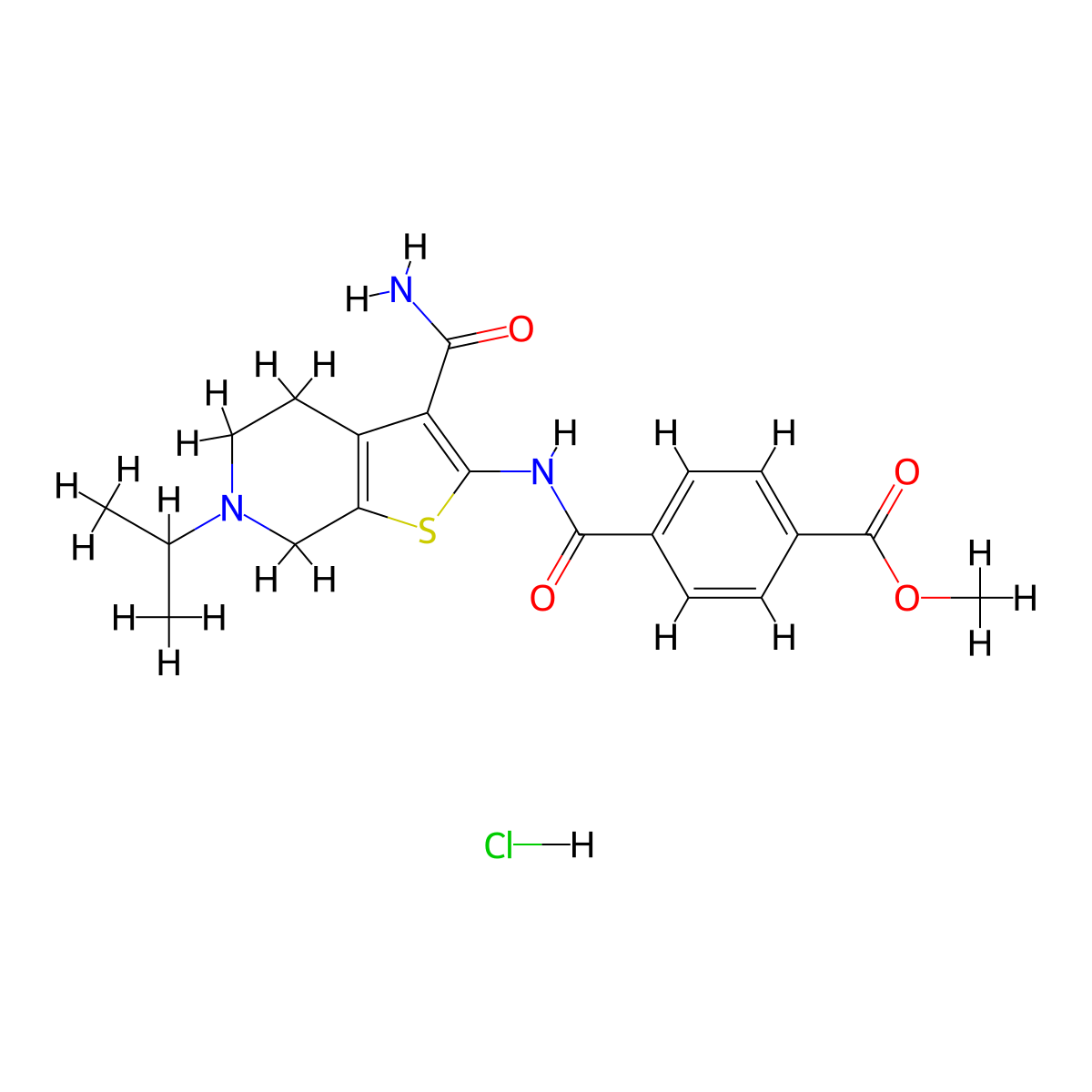 Methyl 4-((3-carbamoyl-6-isopropyl-4,5,6,7-tetrahydrothieno[2,3-c]pyridin-2-yl)carbamoyl)benzoate hydrochloride molecular structure, CAS 1217064-84-0