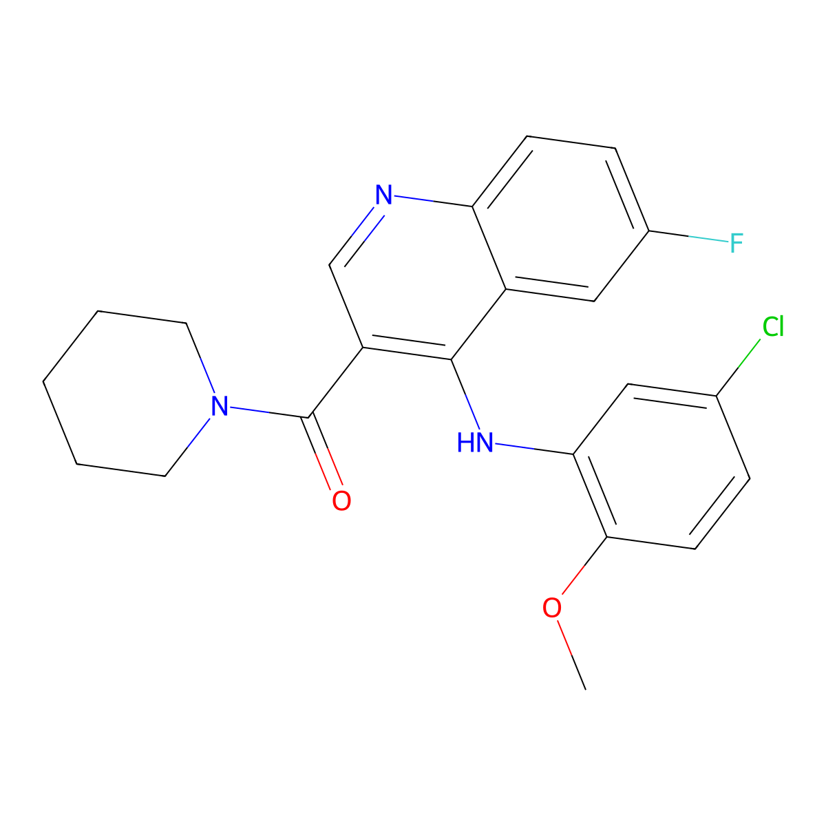 (4-((5-Chloro-2-methoxyphenyl)amino)-6-fluoroquinolin-3-yl)(piperidin-1-yl)methanone molecular structure, CAS 1217067-29-2