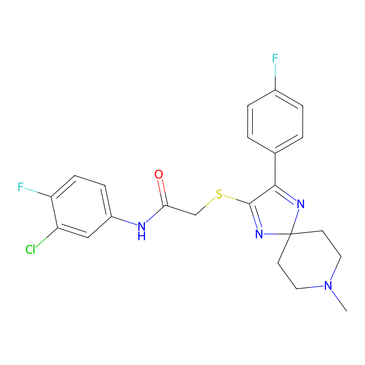 N-(3-Chloro-4-fluorophenyl)-2-{[3-(4-fluorophenyl)-8-methyl-1,4,8-triazaspiro[4.5]deca-1,3-dien-2-YL]sulfanyl}acetamide molecular structure, CAS 1217076-93-1