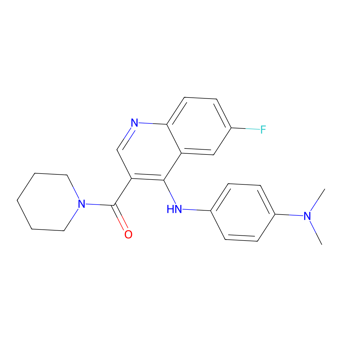 (4-((4-(Dimethylamino)phenyl)amino)-6-fluoroquinolin-3-yl)(piperidin-1-yl)methanone molecular structure, CAS 1217079-64-5