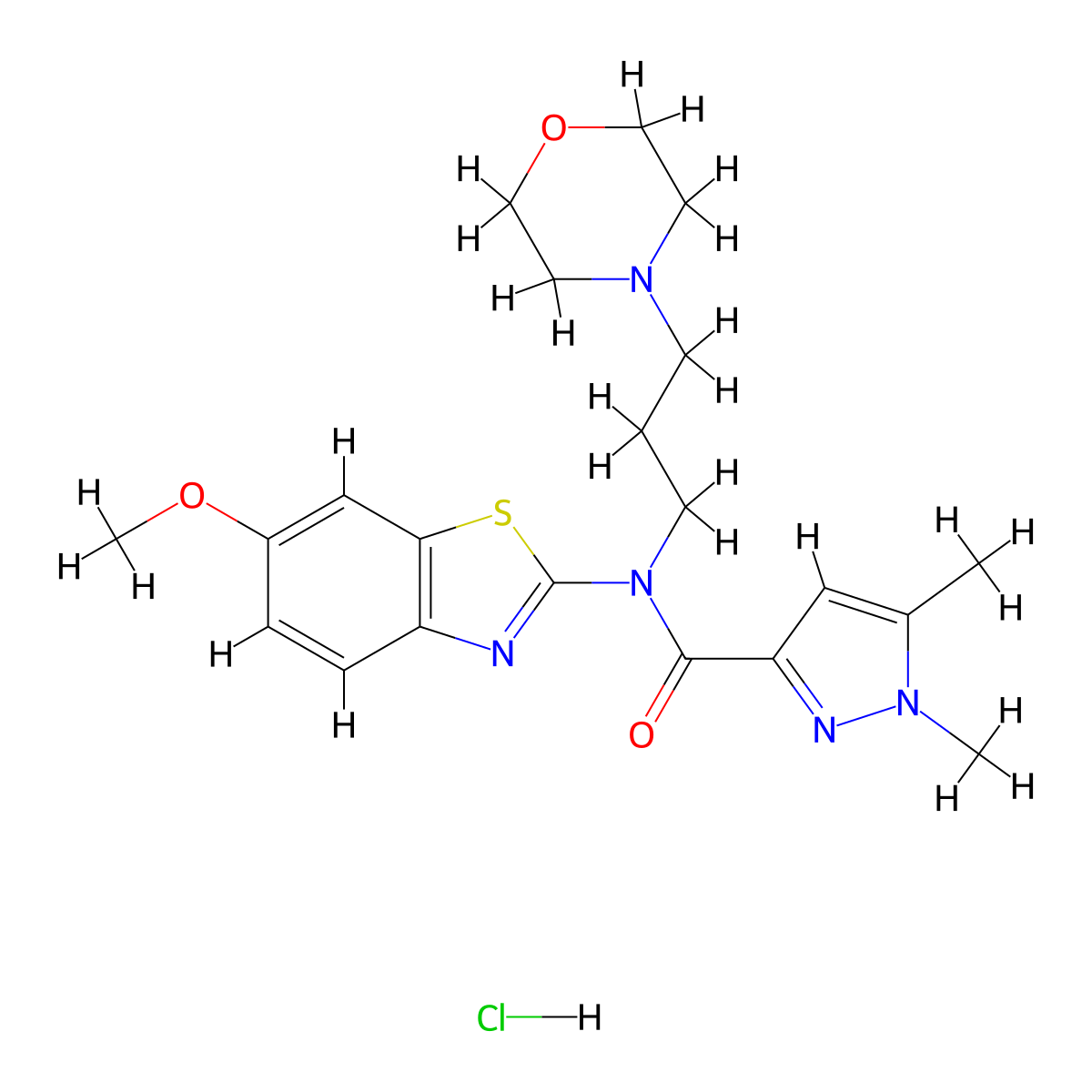N-(6-methoxybenzo[d]thiazol-2-yl)-1,5-dimethyl-N-(3-morpholinopropyl)-1H-pyrazole-3-carboxamide hydrochloride molecular structure, CAS 1217080-32-4