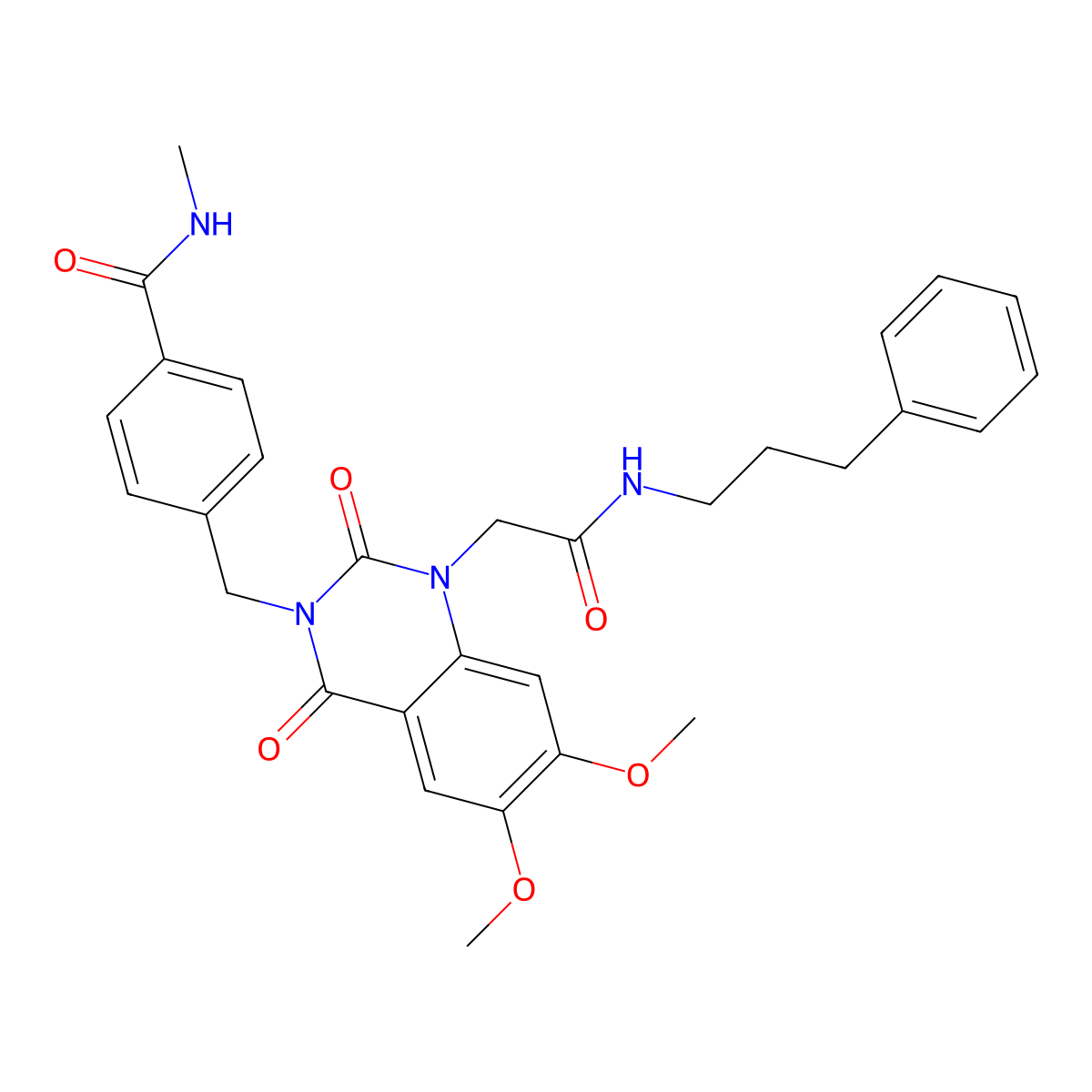 4-((6,7-dimethoxy-2,4-dioxo-1-(2-oxo-2-((3-phenylpropyl)amino)ethyl)-1,2-dihydroquinazolin-3(4H)-yl)methyl)-N-methylbenzamide molecular structure, CAS 1217082-96-6
