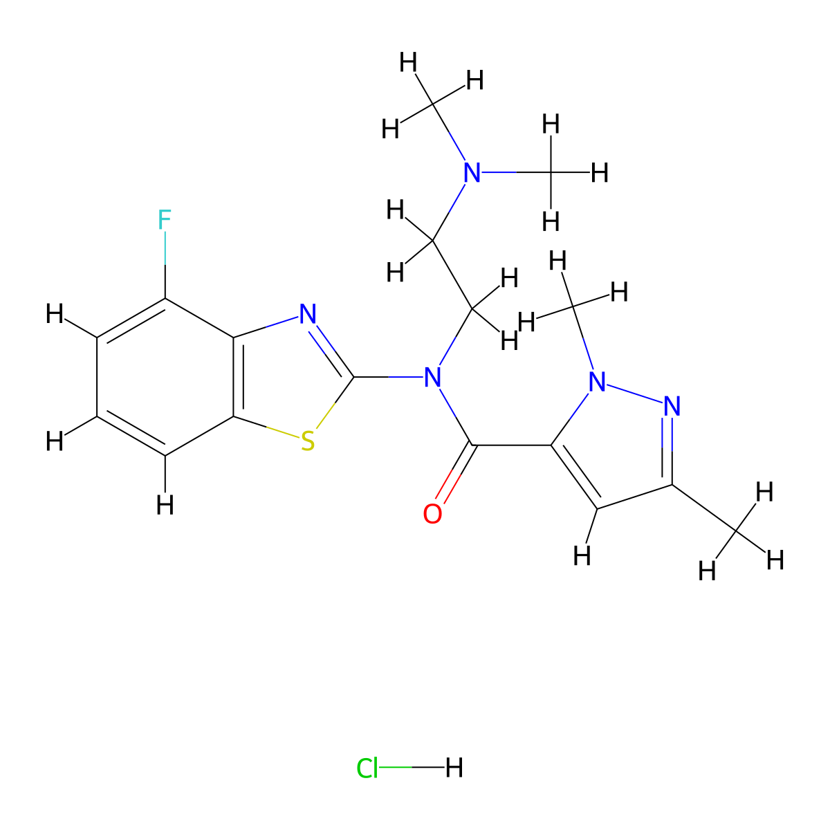 N-(2-(dimethylamino)ethyl)-N-(4-fluorobenzo[d]thiazol-2-yl)-1,3-dimethyl-1H-pyrazole-5-carboxamide hydrochloride molecular structure, CAS 1217086-33-3