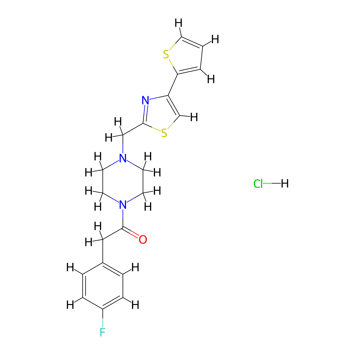 2-(4-Fluorophenyl)-1-(4-((4-(thiophen-2-yl)thiazol-2-yl)methyl)piperazin-1-yl)ethanone hydrochloride molecular structure, CAS 1217097-36-3