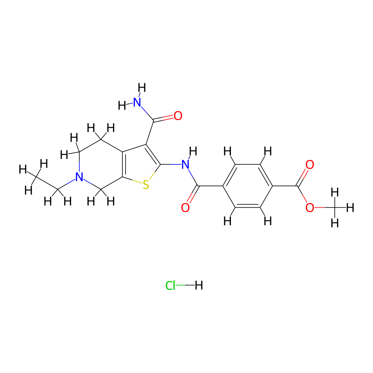 Methyl 4-((3-carbamoyl-6-ethyl-4,5,6,7-tetrahydrothieno[2,3-c]pyridin-2-yl)carbamoyl)benzoate hydrochloride molecular structure, CAS 1217098-98-0