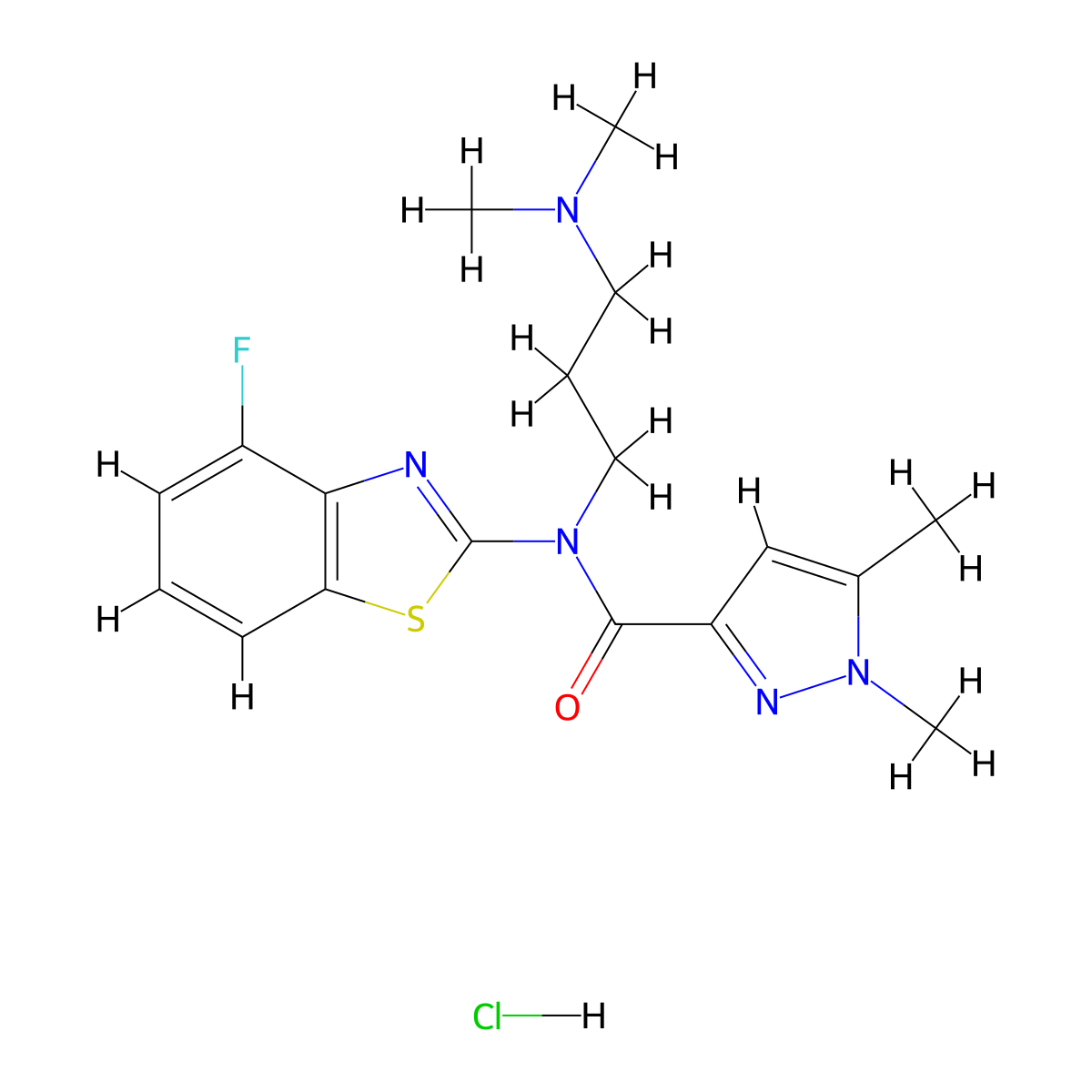 N-(3-(dimethylamino)propyl)-N-(4-fluorobenzo[d]thiazol-2-yl)-1,5-dimethyl-1H-pyrazole-3-carboxamide hydrochloride molecular structure, CAS 1217110-33-2