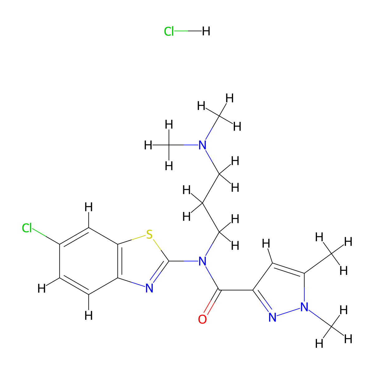 N-(6-chloro-1,3-benzothiazol-2-yl)-N-[3-(dimethylamino)propyl]-1,5-dimethyl-1H-pyrazole-3-carboxamide hydrochloride molecular structure, CAS 1217173-58-4