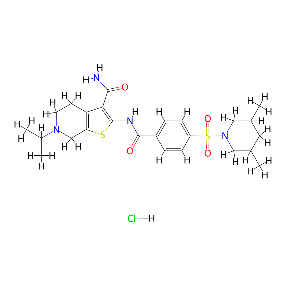 2-(4-((3,5-Dimethylpiperidin-1-yl)sulfonyl)benzamido)-6-isopropyl-4,5,6,7-tetrahydrothieno[2,3-c]pyridine-3-carboxamide hydrochloride molecular structure, CAS 1217174-82-7