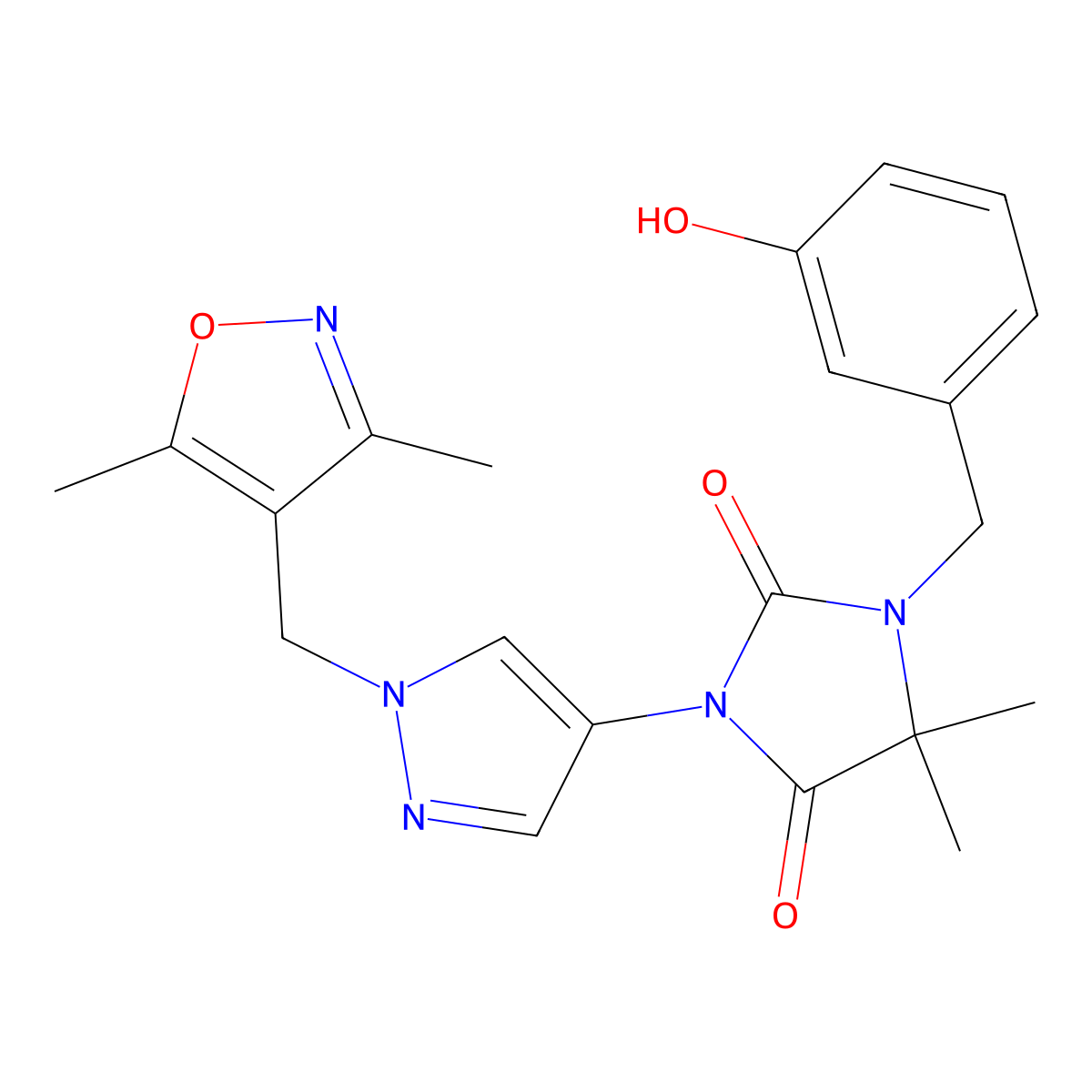 3-(1-((3,5-Dimethylisoxazol-4-yl)methyl)-1H-pyrazol-4-yl)-1-(3-hydroxybenzyl)-5,5-dimethylimidazolidine-2,4-dione molecular structure, CAS 1217341-48-4