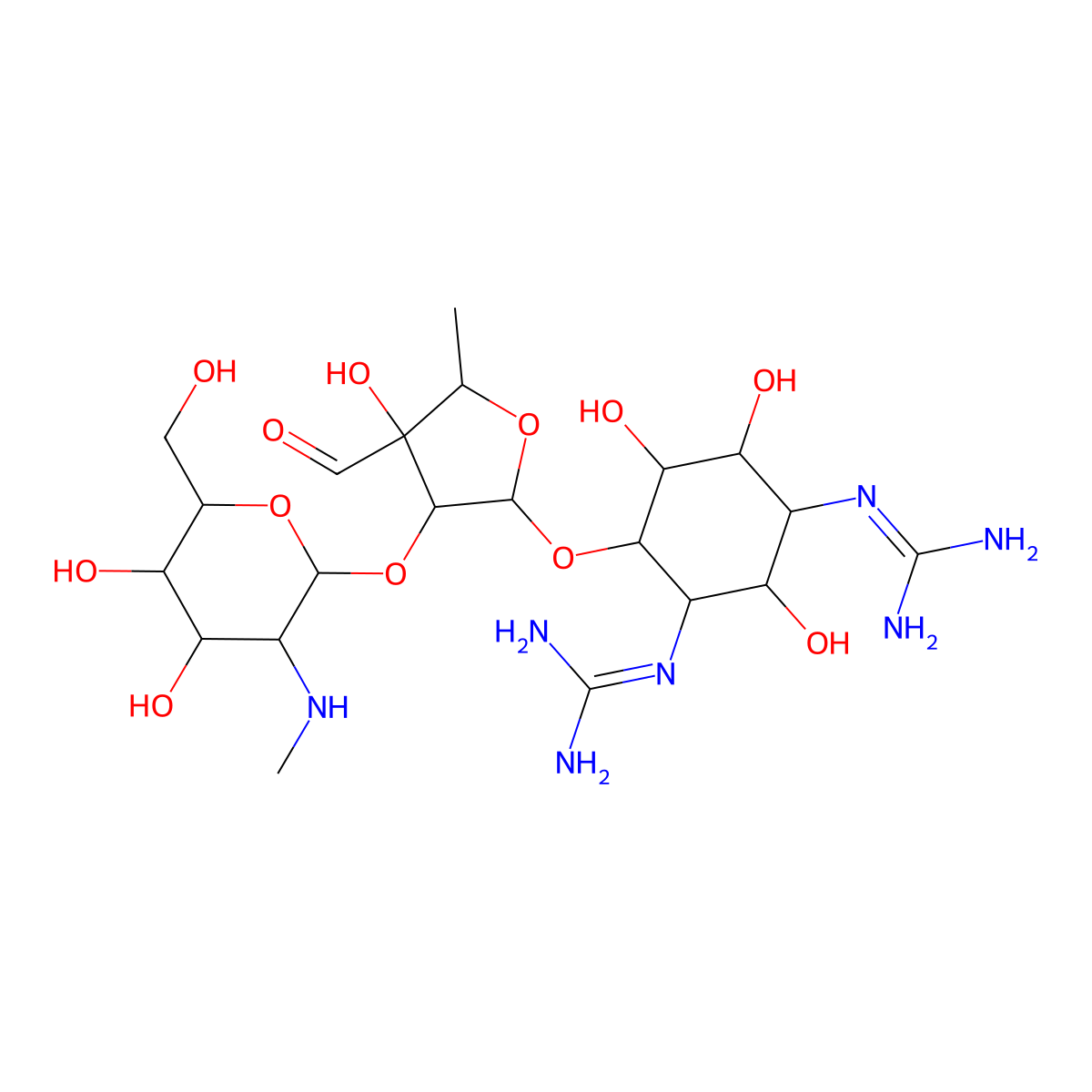 1,1'-((1S,2S,3R,4S,5S,6R)-4-(((2R,3R,4R,5S)-3-(((2S,3S,4S,5R,6S)-4,5-Dihydroxy-6-(hydroxymethyl)-3-(methylamino)tetrahydro-2H-pyran-2-yl)oxy)-4-formyl-4-hydroxy-5-methyltetrahydrofuran-2-yl)oxy)-2,5,6-trihydroxycyclohexane-1,3-diyl)diguanidine molecular structure, CAS 1217442-17-5