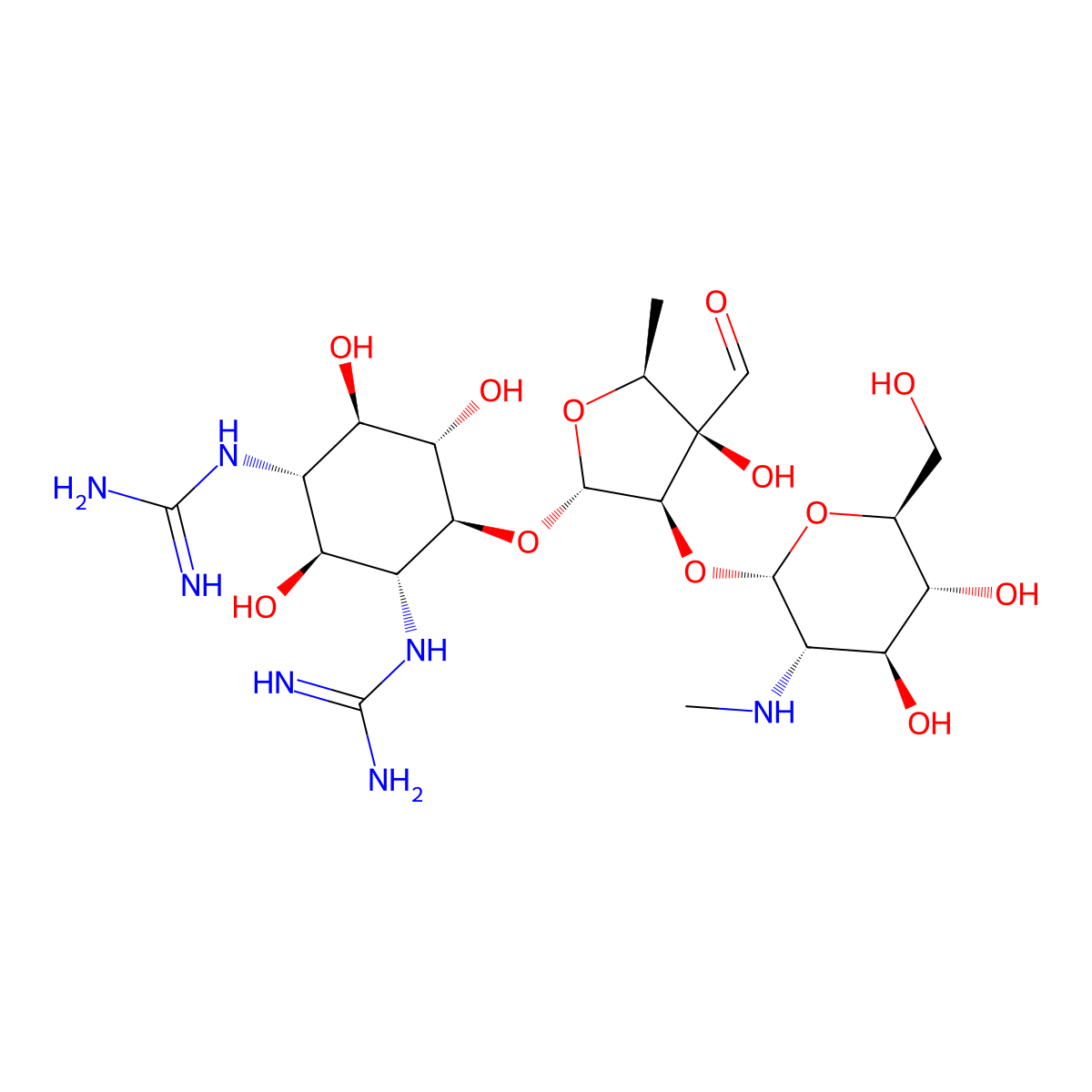 1,1'-((1S,2S,3R,4S,5S,6R)-4-(((2R,3R,4R,5S)-3-(((2S,3S,4S,5R,6S)-4,5-Dihydroxy-6-(hydroxymethyl)-3-(methylamino)tetrahydro-2H-pyran-2-yl)oxy)-4-formyl-4-hydroxy-5-methyltetrahydrofuran-2-yl)oxy)-2,5,6-trihydroxycyclohexane-1,3-diyl)diguanidine molecular structure, CAS 1217442-17-5