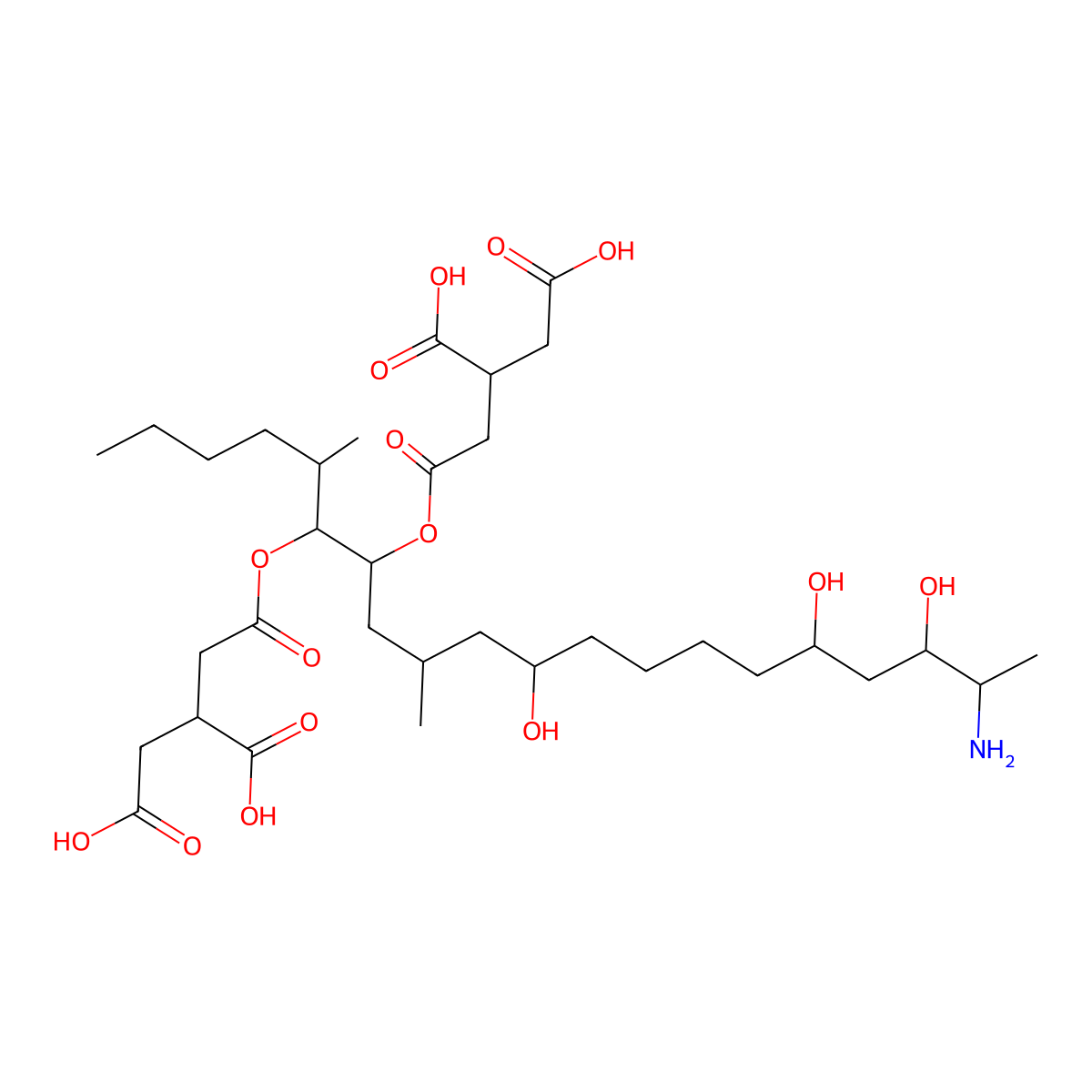 2,2'-((19-Amino-11,16,18-trihydroxy-5,9-dimethylicosane-6,7-diyl)bis(oxy(2-oxoethane-2,1-diyl)))dibutanedioic acid molecular structure, CAS 1217458-62-2
