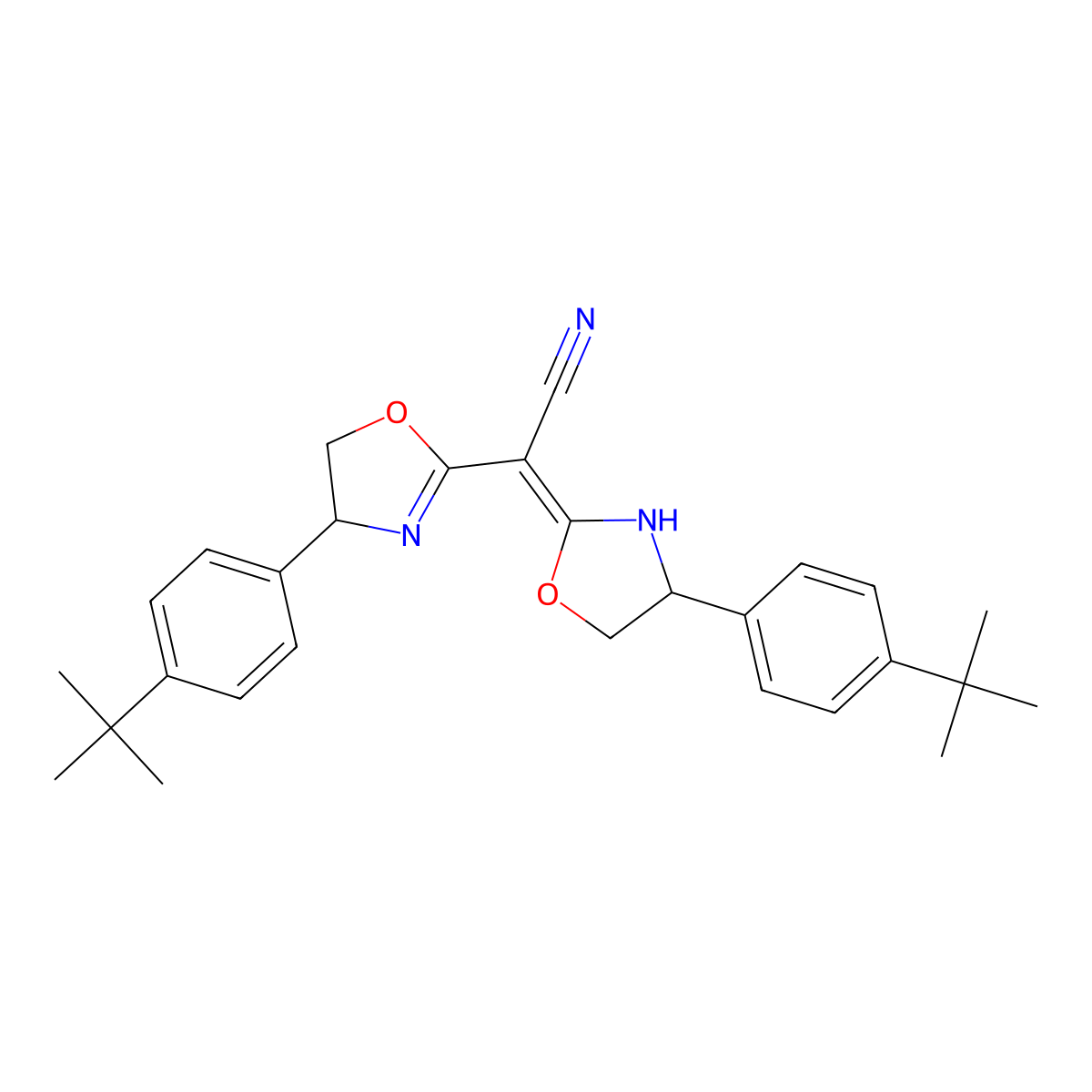 (E)-2-((S)-4-(4-(tert-Butyl)phenyl)-4,5-dihydrooxazol-2-yl)-2-((S)-4-(4-(tert-butyl)phenyl)oxazolidin-2-ylidene)acetonitrile molecular structure, CAS 1217481-09-8