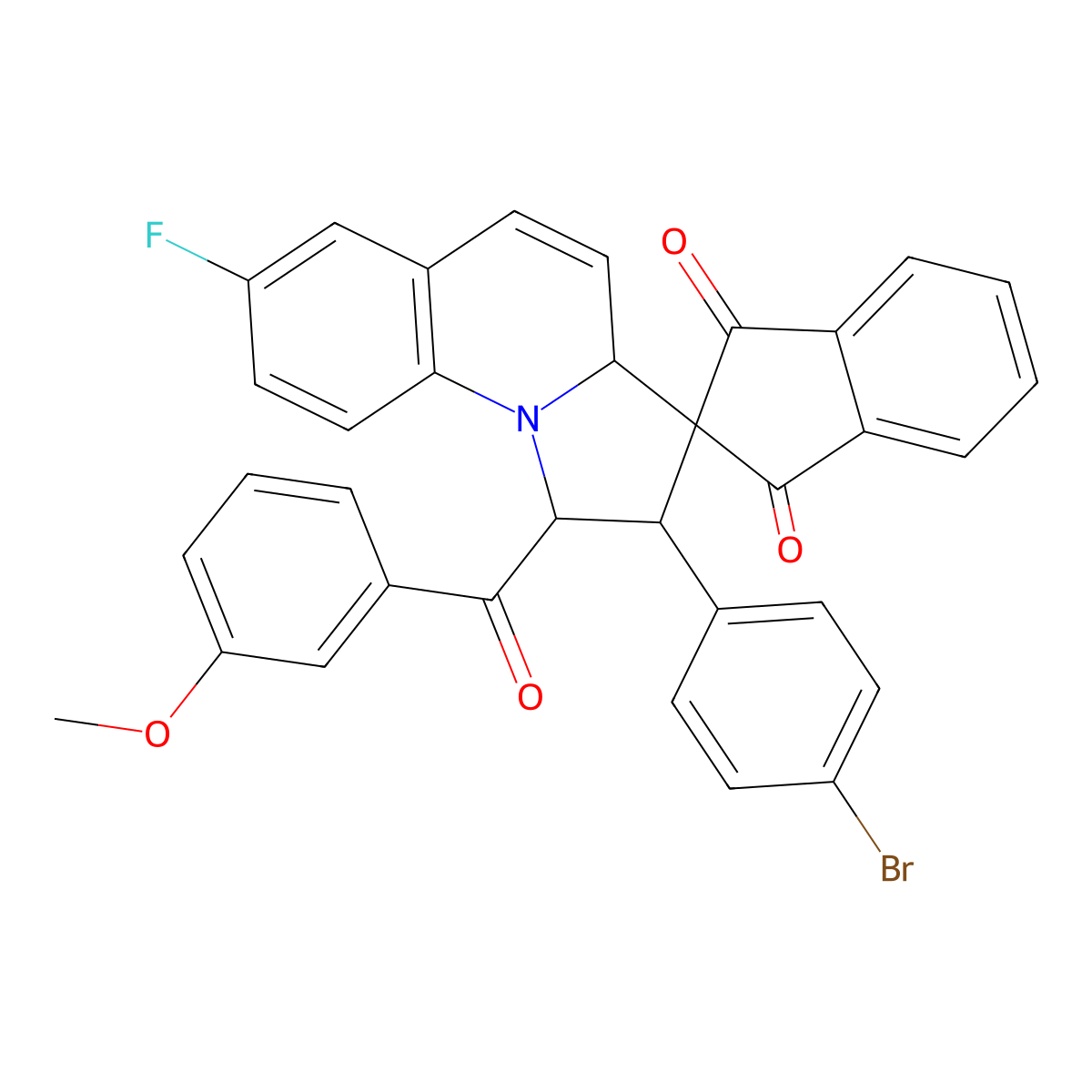 2'-(4-bromophenyl)-7'-fluoro-1'-[(3-methoxyphenyl)carbonyl]-1',2'-dihydro-3a'H-spiro[indene-2,3'-pyrrolo[1,2-a]quinoline]-1,3-dione molecular structure, CAS 1217630-32-4