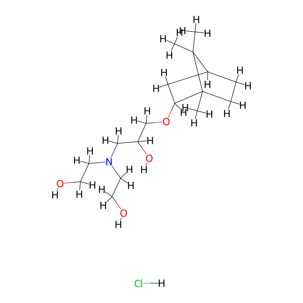 2,2'-((2-hydroxy-3-(((1S,4R)-1,7,7-trimethylbicyclo[2.2.1]heptan-2-yl)oxy)propyl)azanediyl)diethanol hydrochloride molecular structure, CAS 1217630-40-4