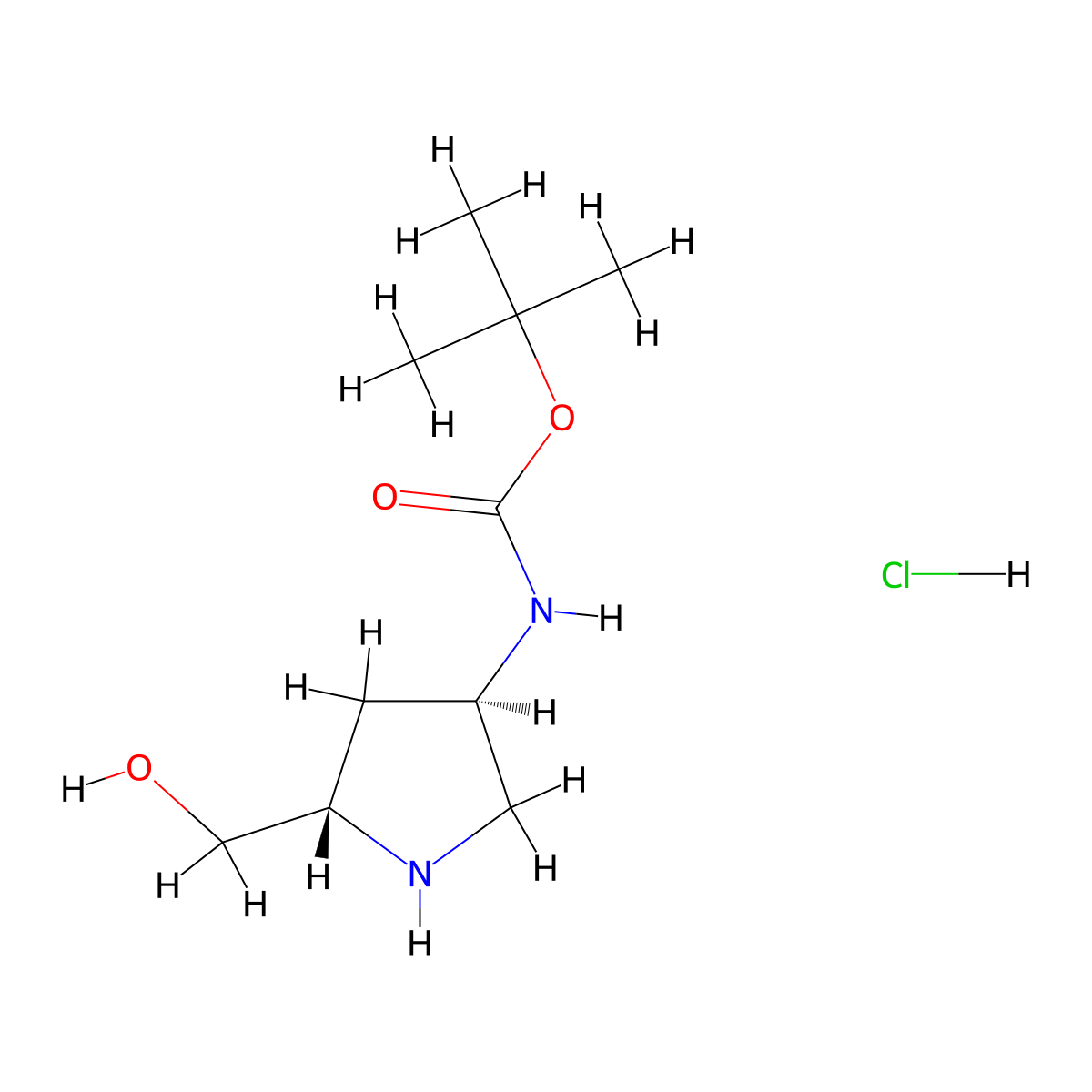 tert-Butyl ((3R,5S)-5-(hydroxymethyl)pyrrolidin-3-yl)carbamate hydrochloride molecular structure, CAS 1217636-72-0