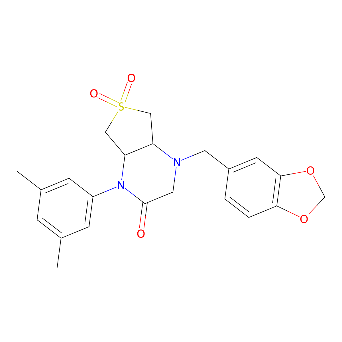 Rel-(4AR,7AS)-4-(1,3-benzodioxol-5-ylmethyl)-1-(3,5-dimethylphenyl)hexahydrothieno[3,4-B]pyrazin-2(1H)-one 6,6-dioxide molecular structure, CAS 1217651-76-7