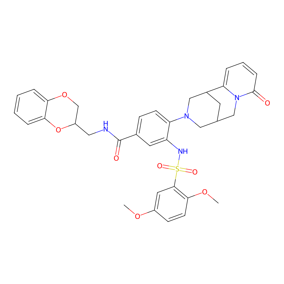 N-(2,3-dihydro-1,4-benzodioxin-2-ylmethyl)-3-{[(2,5-dimethoxyphenyl)sulfonyl]amino}-4-(8-oxo-1,5,6,8-tetrahydro-2H-1,5-methanopyrido[1,2-a][1,5]diazocin-3(4H)-yl)benzamide molecular structure, CAS 1217660-09-7