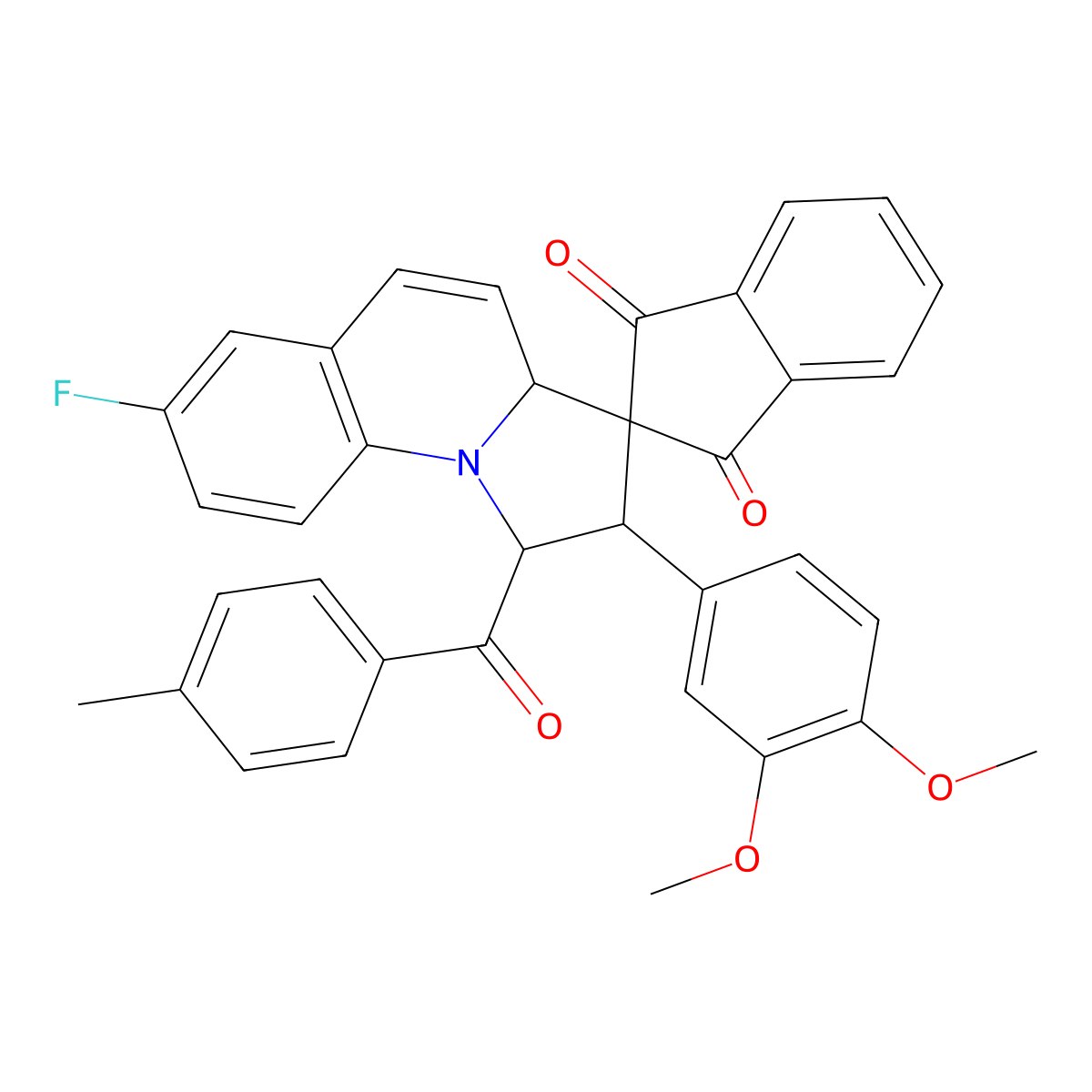2'-(3,4-dimethoxyphenyl)-7'-fluoro-1'-[(4-methylphenyl)carbonyl]-1',2'-dihydro-3a'H-spiro[indene-2,3'-pyrrolo[1,2-a]quinoline]-1,3-dione molecular structure, CAS 1217687-88-1