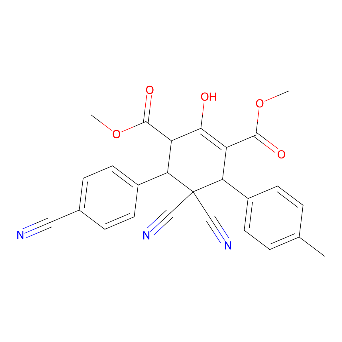 Dimethyl 5,5-dicyano-4-(4-cyanophenyl)-2-hydroxy-6-(4-methylphenyl)-1-cyclohexene-1,3-dicarboxylate molecular structure, CAS 1217712-92-9