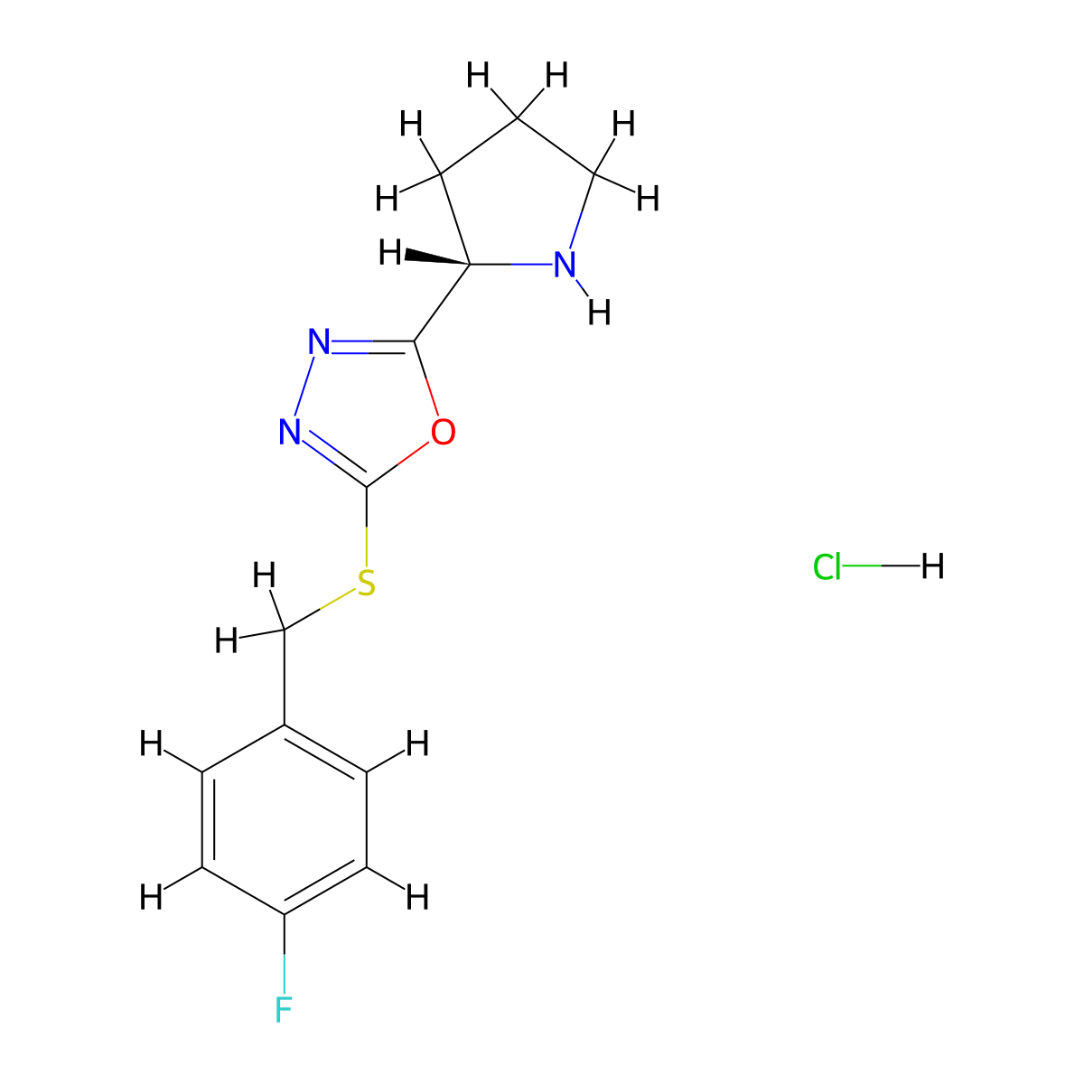 2-{[(4-fluorophenyl)methyl]sulfanyl}-5-[(2S)-pyrrolidin-2-yl]-1,3,4-oxadiazole hydrochloride molecular structure, CAS 1217773-14-2