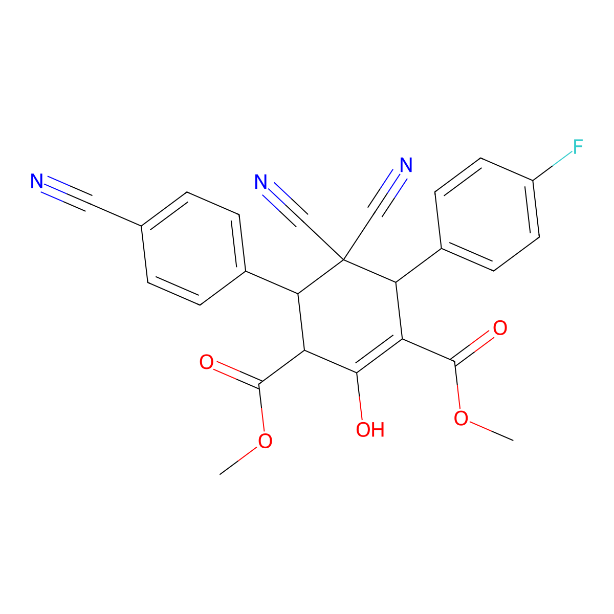 Dimethyl 5,5-dicyano-4-(4-cyanophenyl)-6-(4-fluorophenyl)-2-hydroxy-1-cyclohexene-1,3-dicarboxylate molecular structure, CAS 1217808-02-0