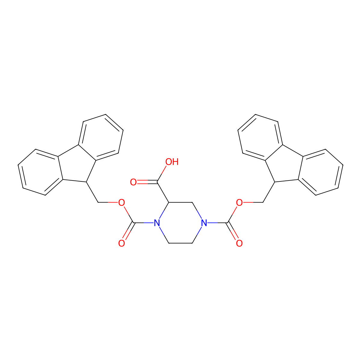 (2R)-1,4-bis(9H-fluoren-9-ylmethoxycarbonyl)piperazine-2-carboxylic acid molecular structure, CAS 1217813-63-2