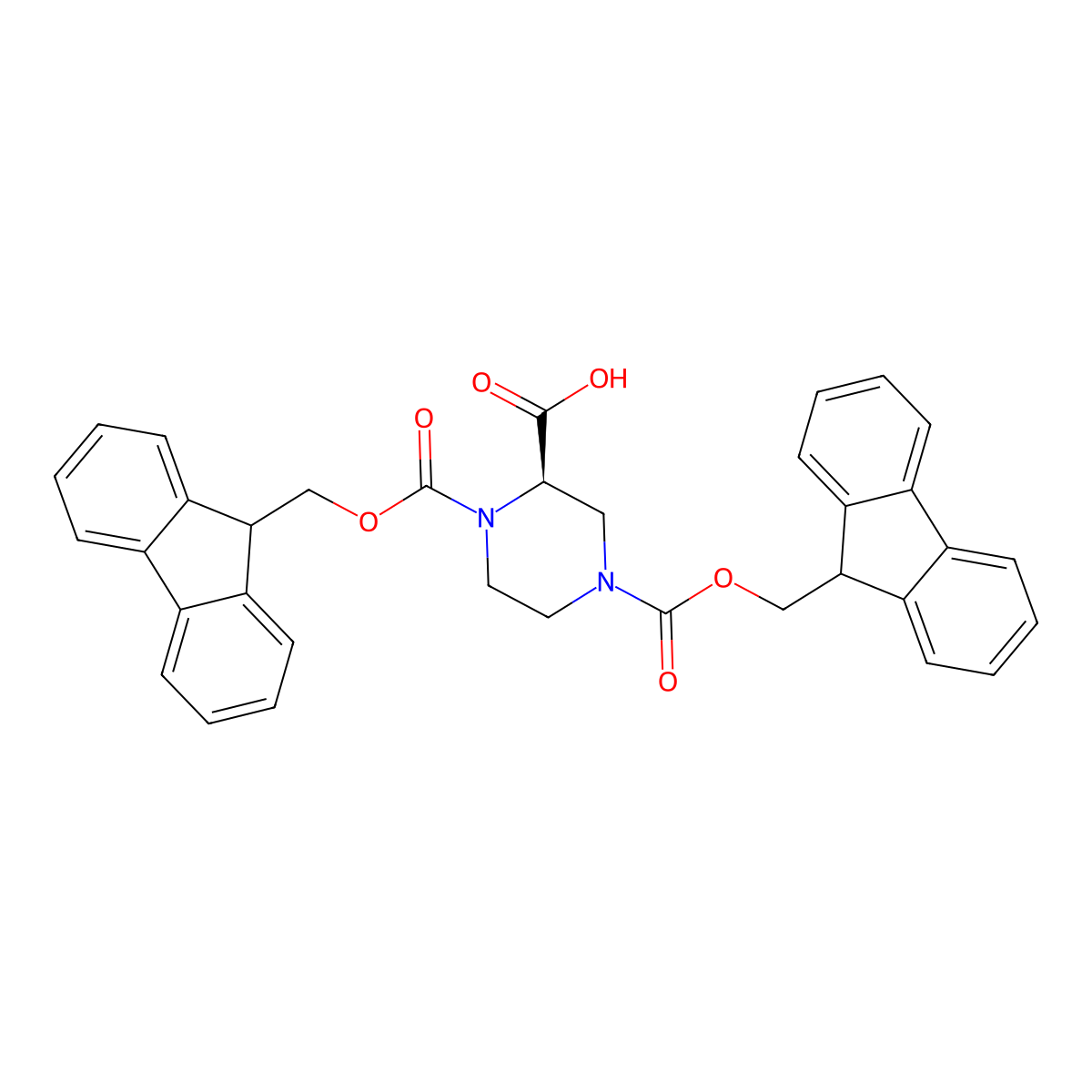 (2R)-1,4-bis(9H-fluoren-9-ylmethoxycarbonyl)piperazine-2-carboxylic acid molecular structure, CAS 1217813-63-2