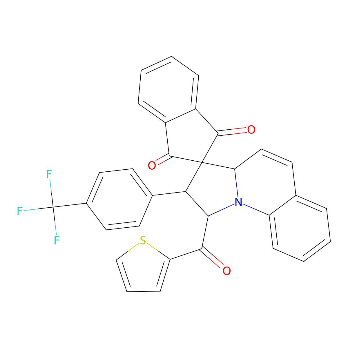 1'-(thiophen-2-ylcarbonyl)-2'-[4-(trifluoromethyl)phenyl]-1',2'-dihydro-3a'H-spiro[indene-2,3'-pyrrolo[1,2-a]quinoline]-1,3-dione molecular structure, CAS 1217818-58-0